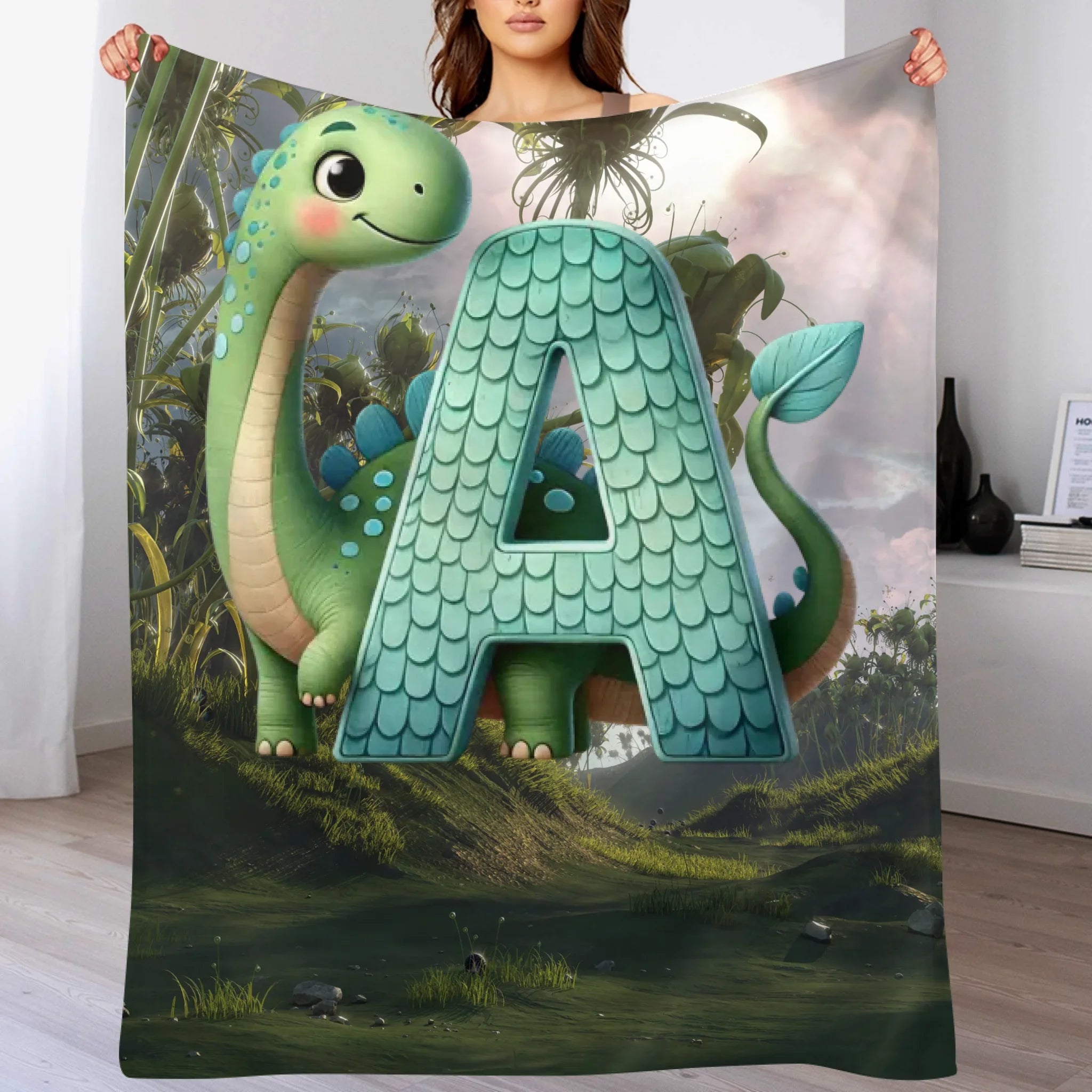 Custom Dinosaur Alphabet Blanket – Personalized Dino Letter Blanket – Gift for Kids & Toddlers