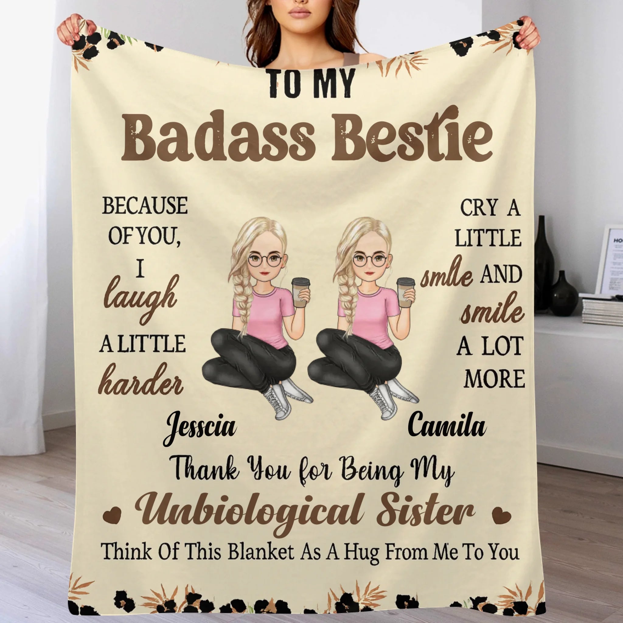 Customized Badass Sister Brother Leopard Print Cartoon Blanket - Personalized Name And Cartoon Characters- Home Decor Birthday Friendship Gift for Besties Friends