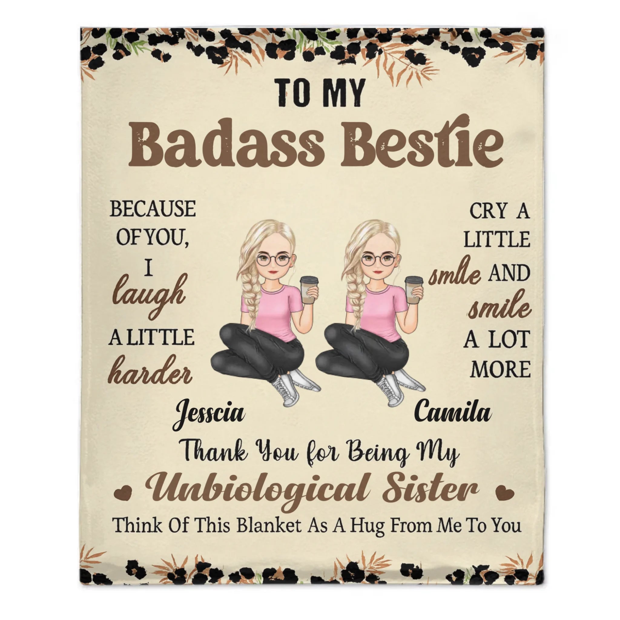 Customized Badass Sister Brother Leopard Print Cartoon Blanket - Personalized Name And Cartoon Characters- Home Decor Birthday Friendship Gift for Besties Friends