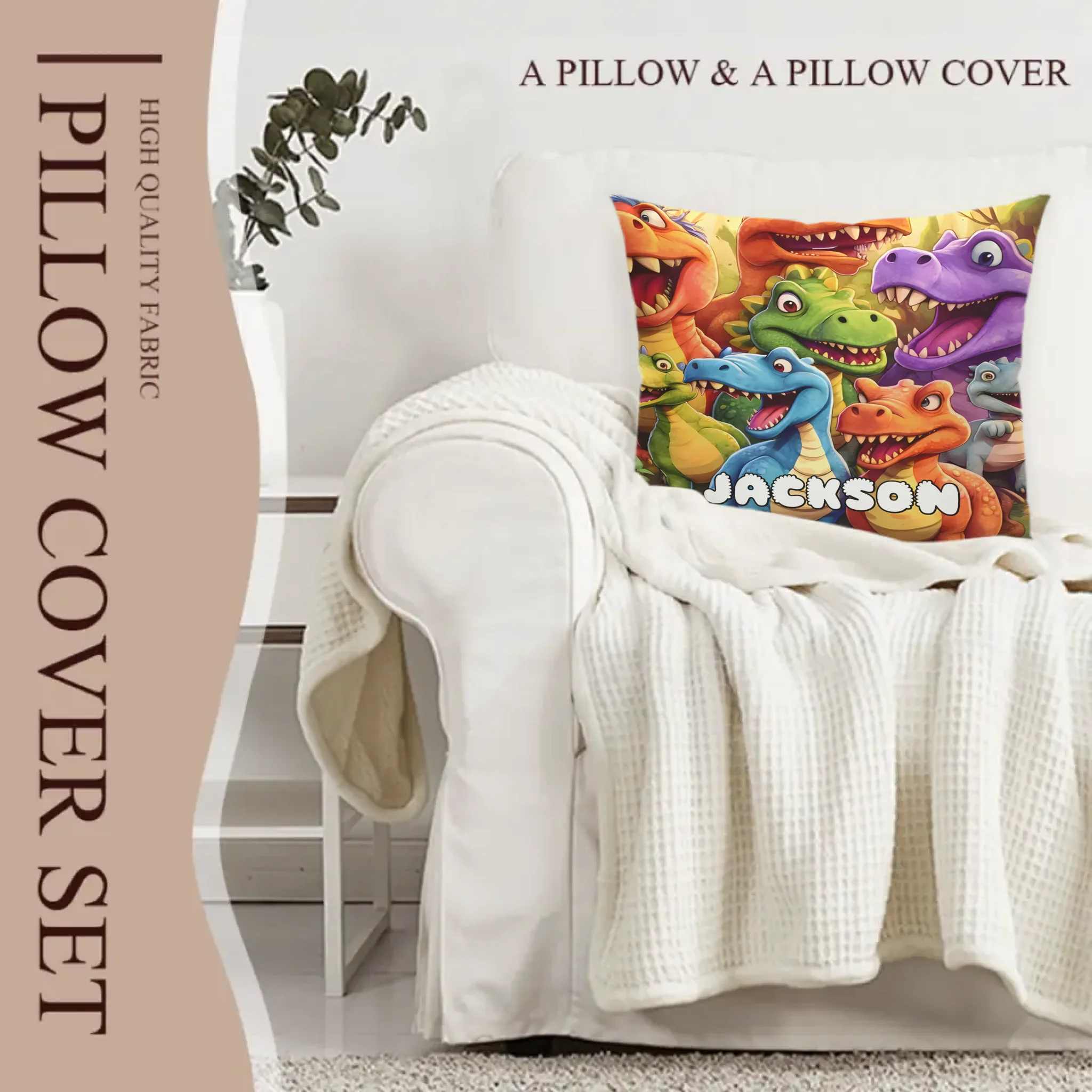 Customized Cute Dinosaur Throw Pillow - Personalized Name - Gift For Kids, Children