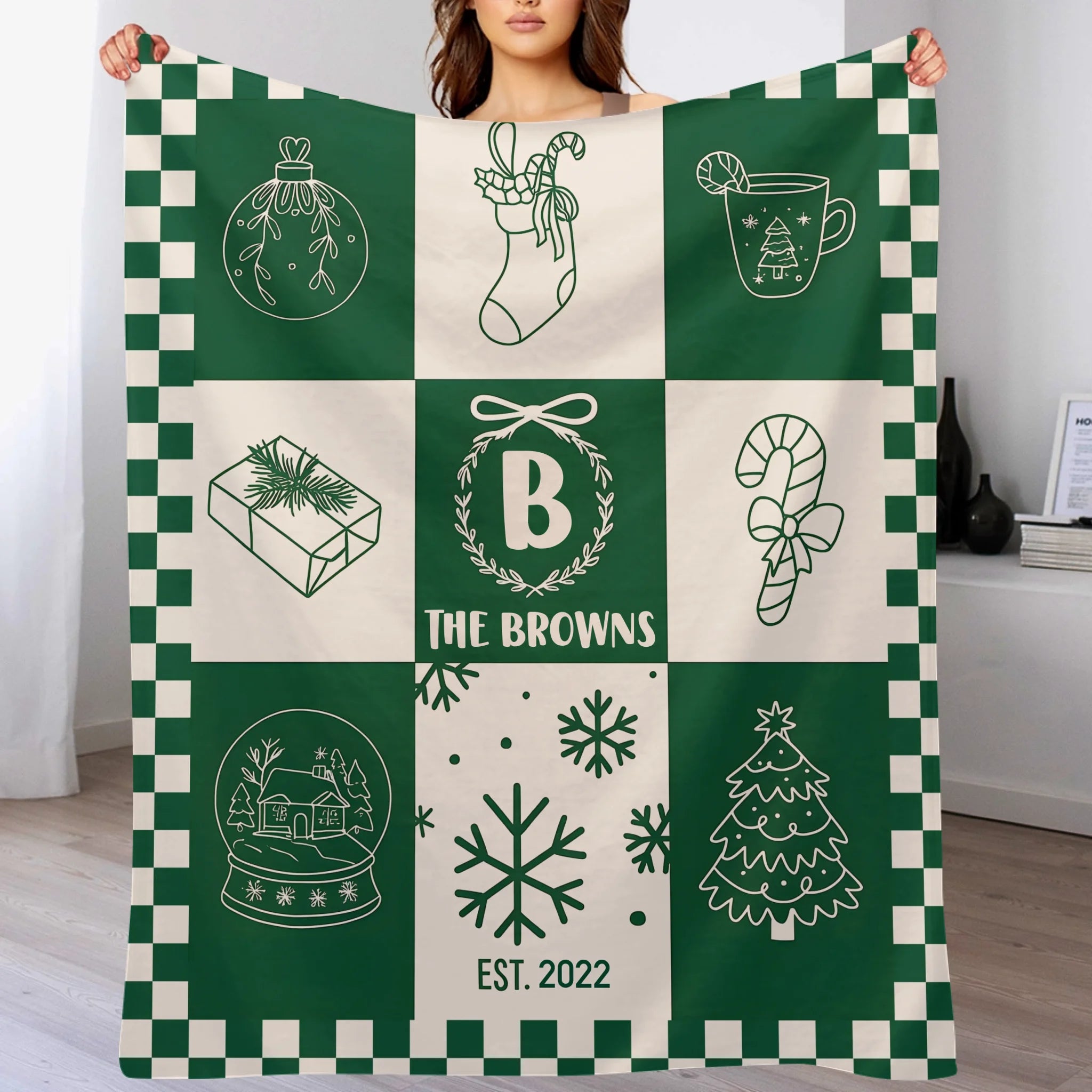 Customized Cartoon Line Jigsaw Blanket- Personalized Name and Year Christmas Blanket - Christmas Gift For Kids, Children