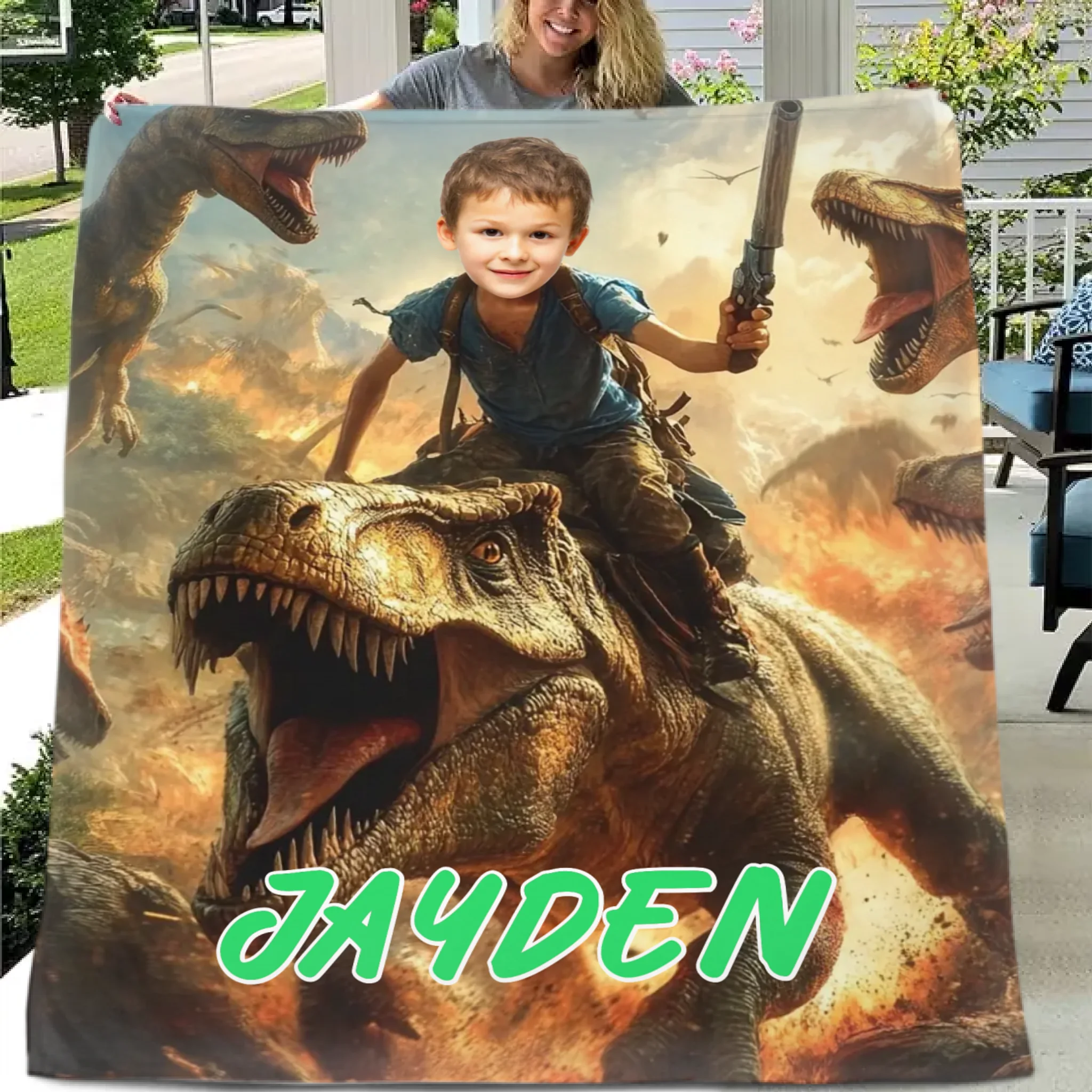 Custom Dinosaur Blankets Personalized Boy Riding Dinosaur Blanket