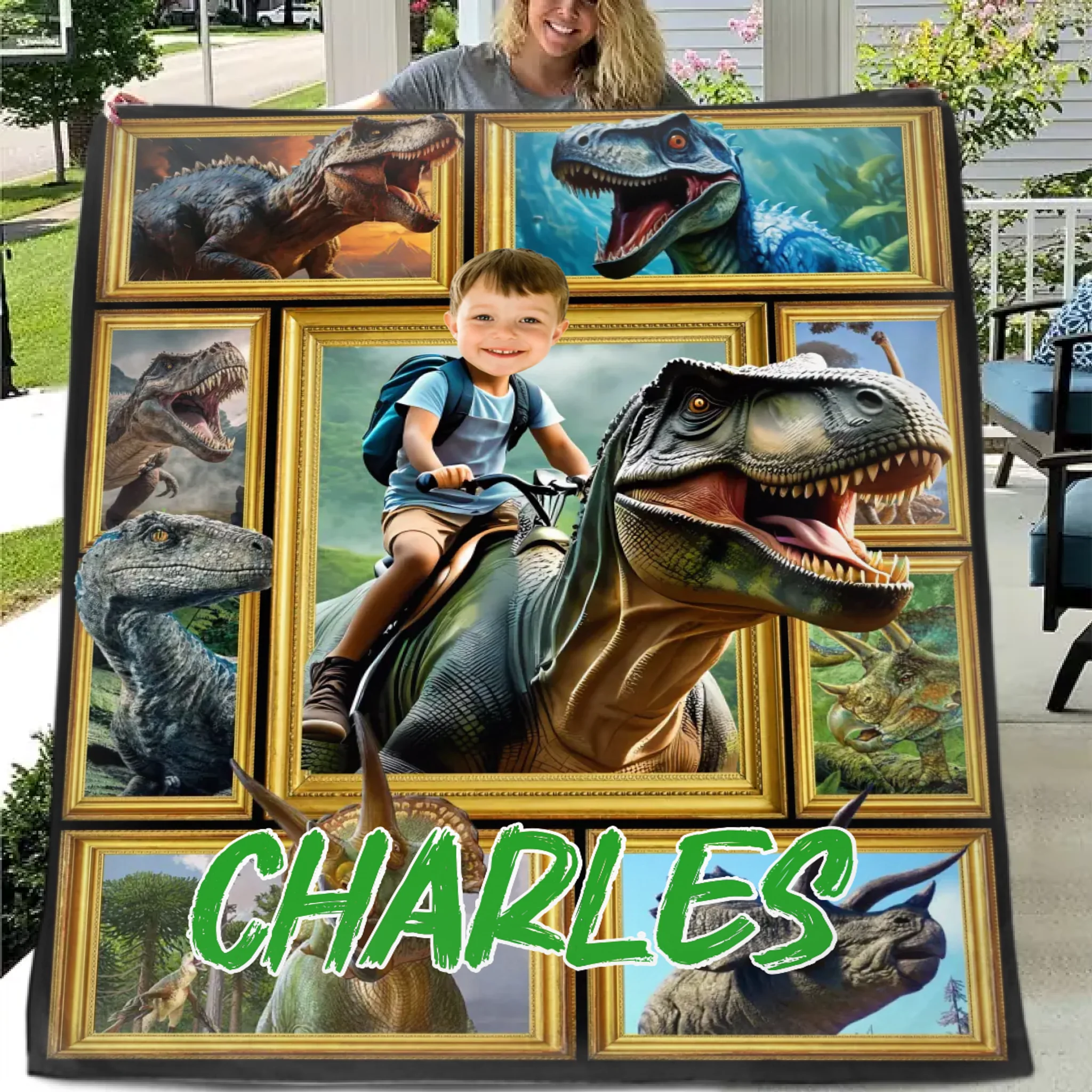 Customized Dinosaur Blanket - Personalized Name and Photo Riding Dinosaur Themed Flannel Blanket - A Gift For Children,Boy,Classmate - SDG