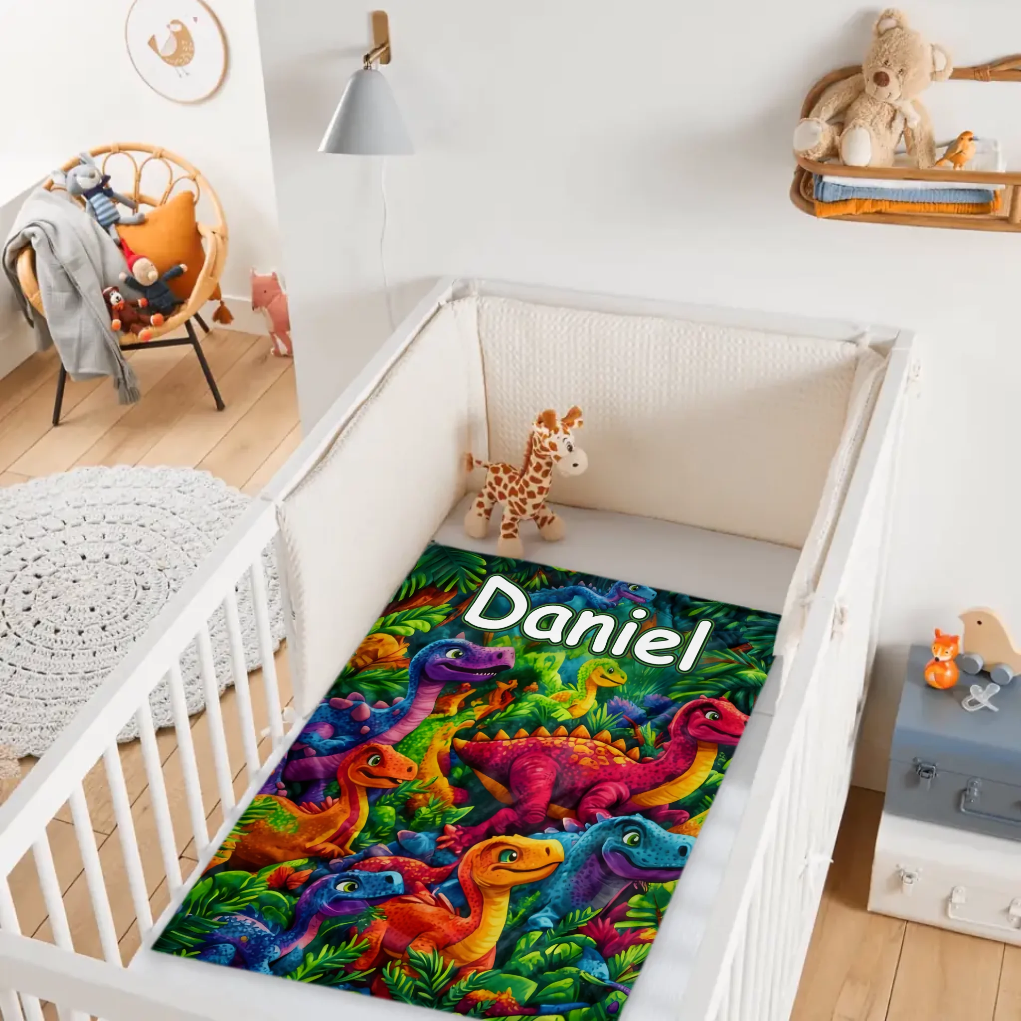 Custom Colorful Dinosaur Blanket – Personalized Dino Jungle Throw – Gift for Kids