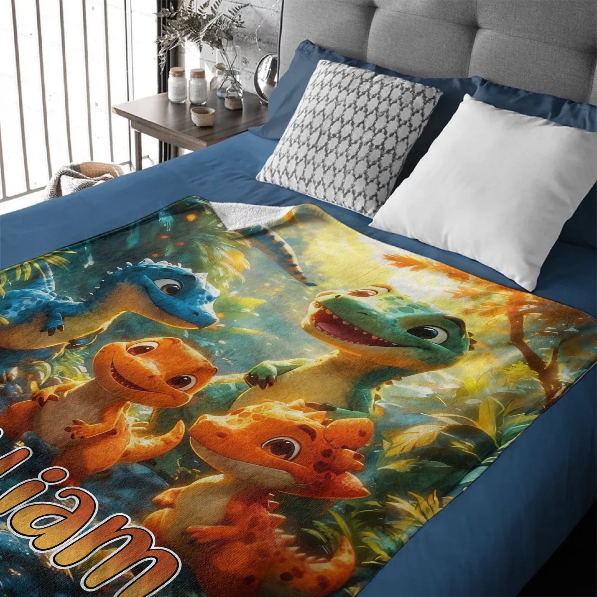 Personalized Dino Friends Blanket – Custom Name Baby Dinosaur Playtime Throw – Gift for Boys & Girls