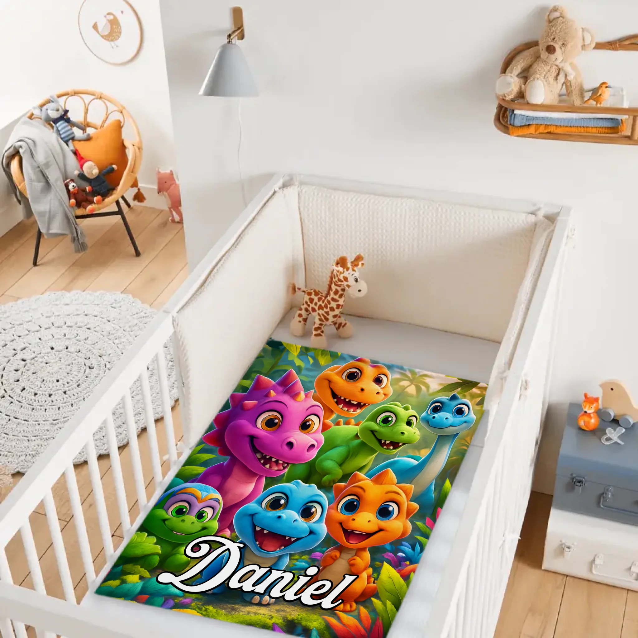 Custom Colorful Dinosaur World Blanket – Personalized Name – Gift for Kids & Teens