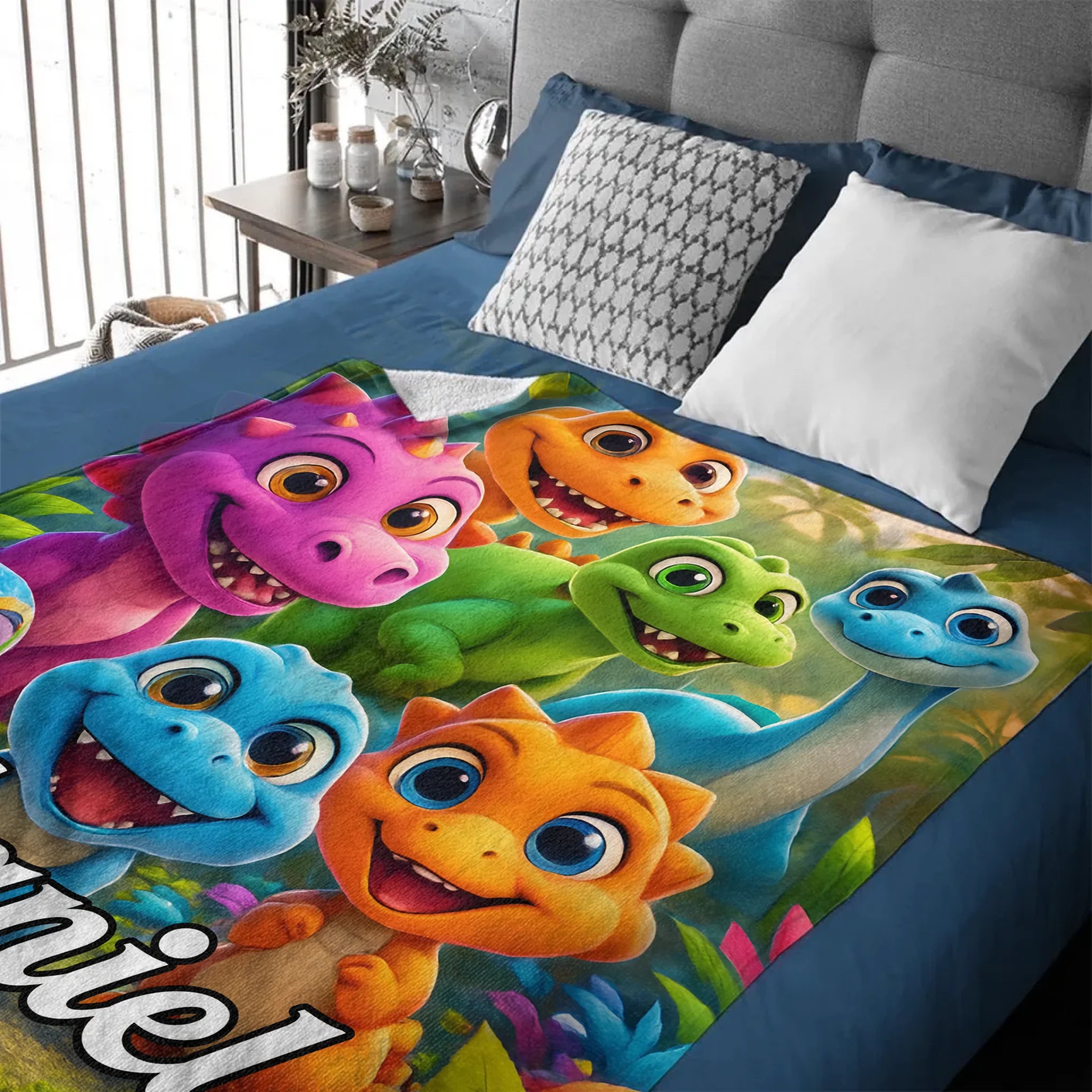 Custom Colorful Dinosaur World Blanket – Personalized Name – Gift for Kids & Teens