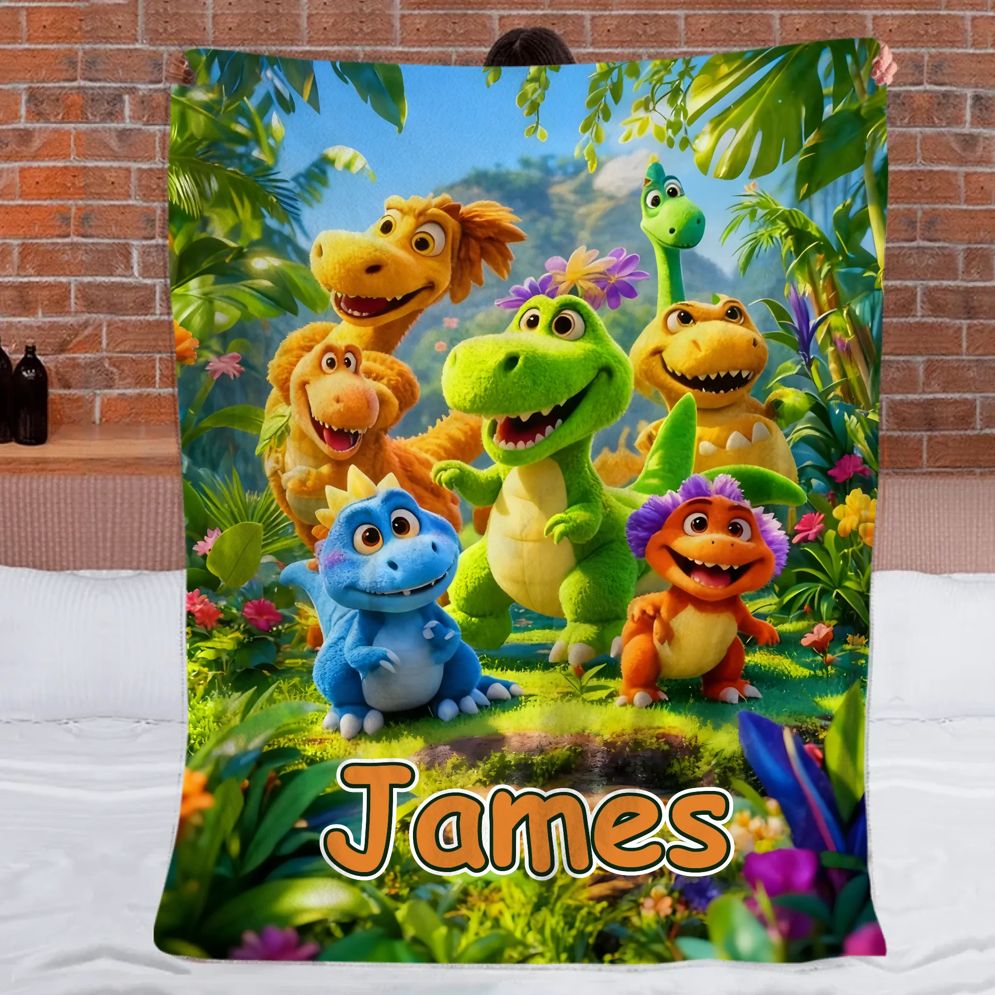 Custom Cute Dinosaur Blanket – Personalized Dino Family Throw – Gift for Kids