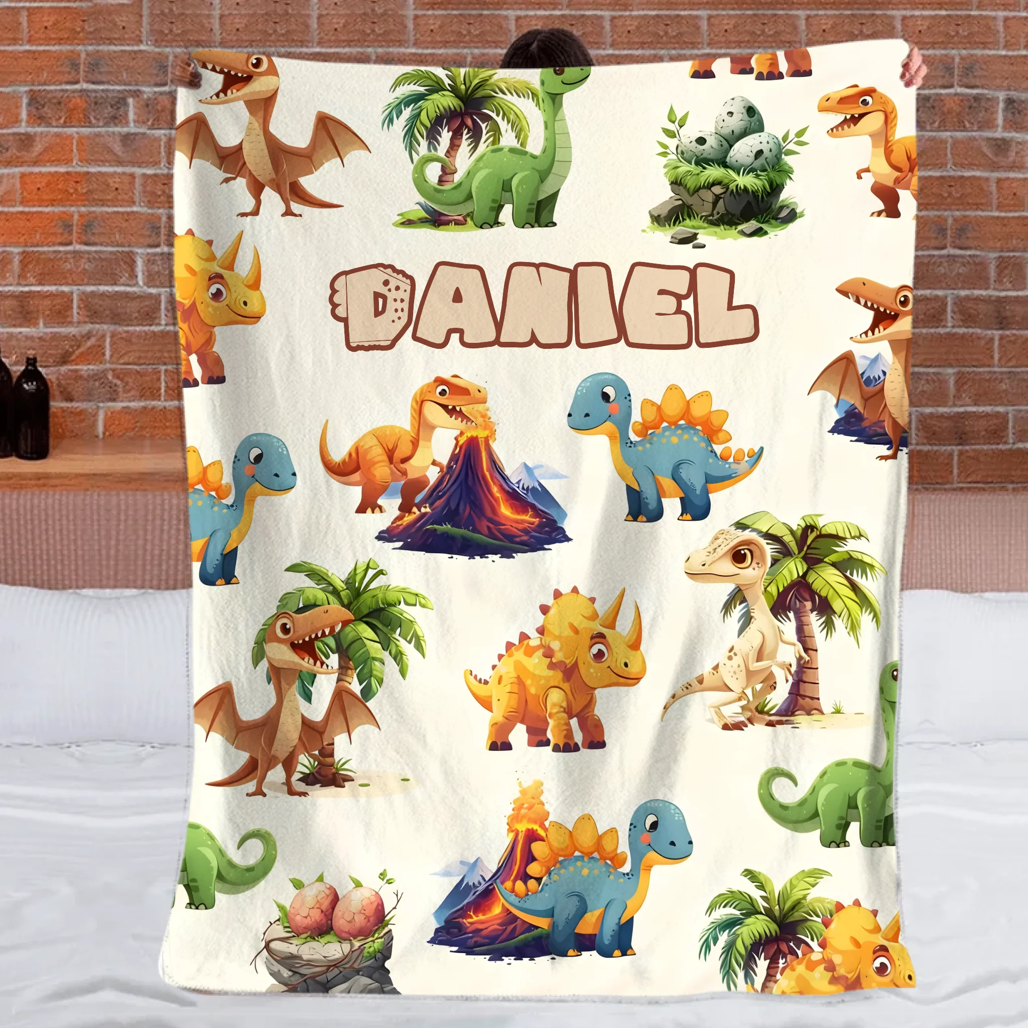 Custom Cartoon Dinosaur Blanket – Personalized Dino Fleece Blanket – Gift for Boys and Girls