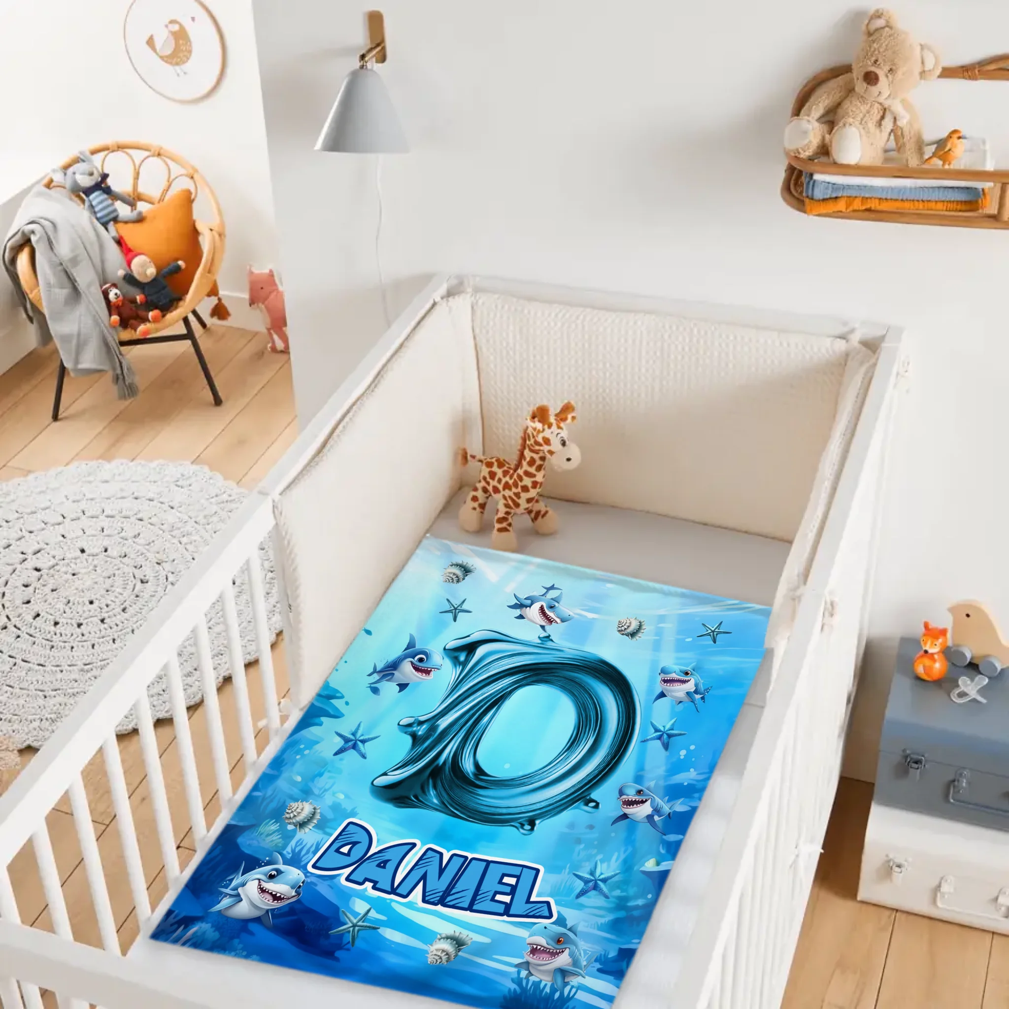 Custom Shark Blanket – Personalized Initial and Name Ocean Blanket – Gift for Kids