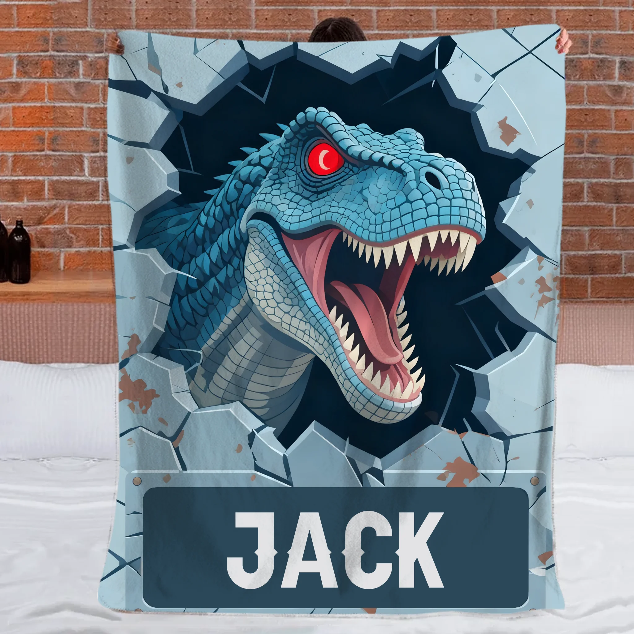 Custom Dinosaur Blanket – Personalized Wall-Breaking T-Rex Throw – Gift for Boys
