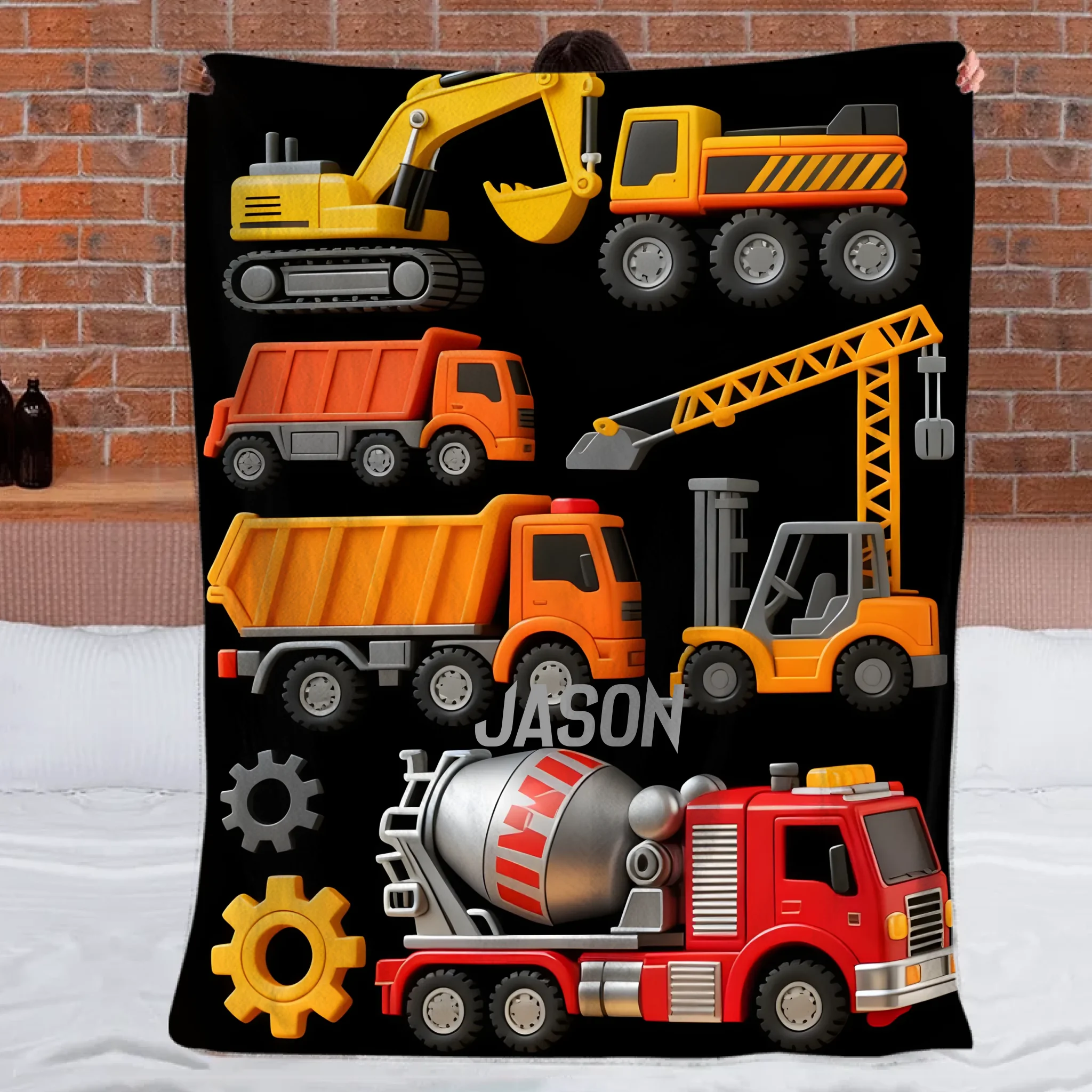 Custom Construction Vehicles Blanket – Personalized Construction Trucks Throw (Custom Name) – Gift for Kids & Toddlers