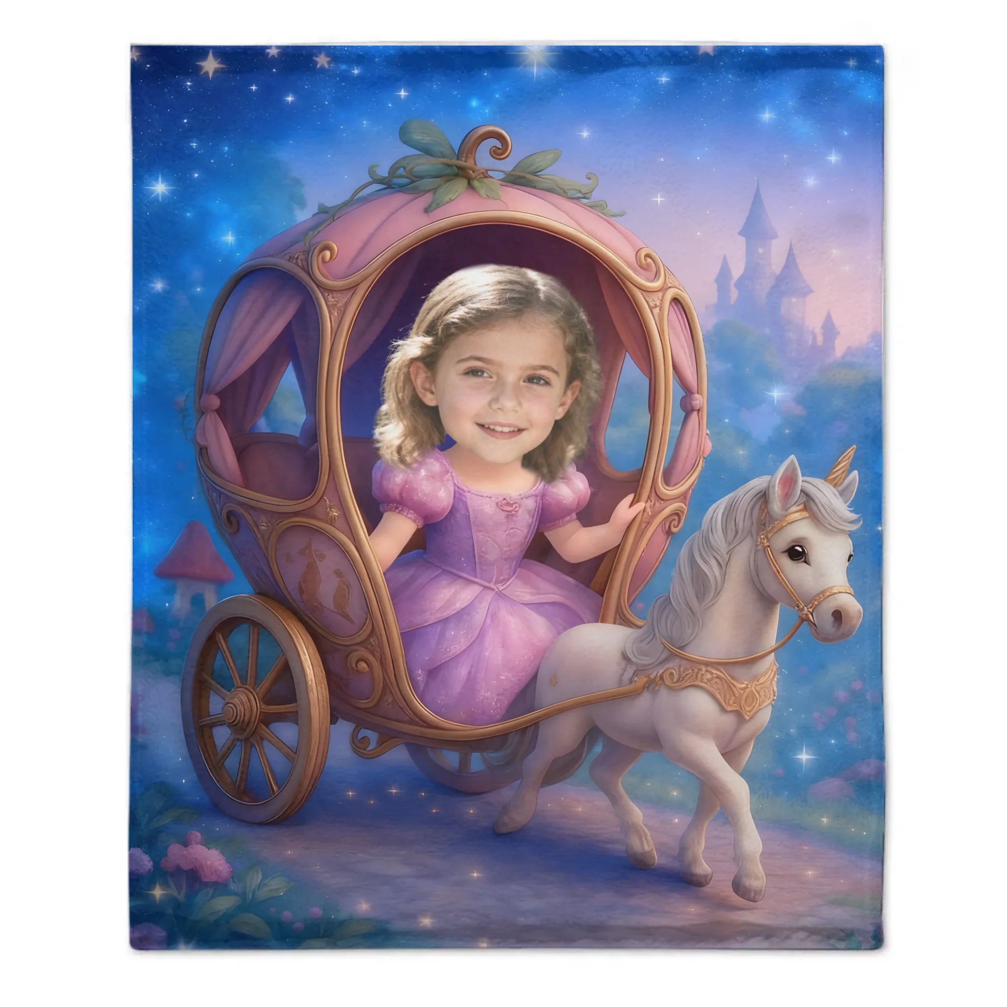 Custom Princess Face Blanket – Personalized Fairy Carriage Photo Throw