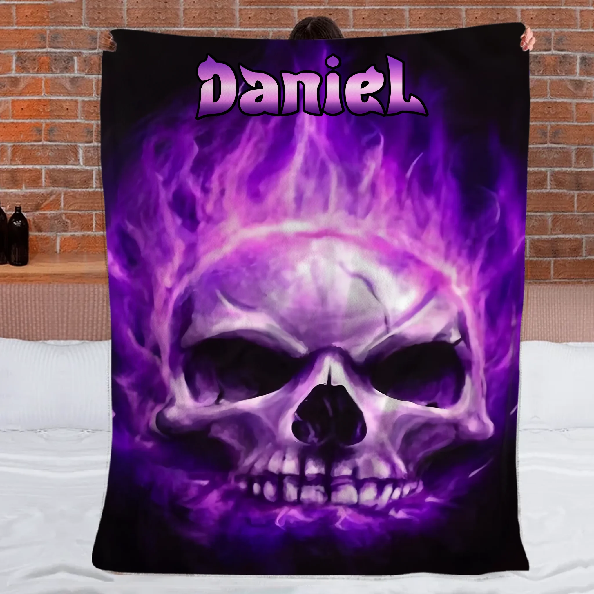 Custom Skull Purple Fire Blanket – Personalized Name Flannel Blanket - Home Decoration Gifts
