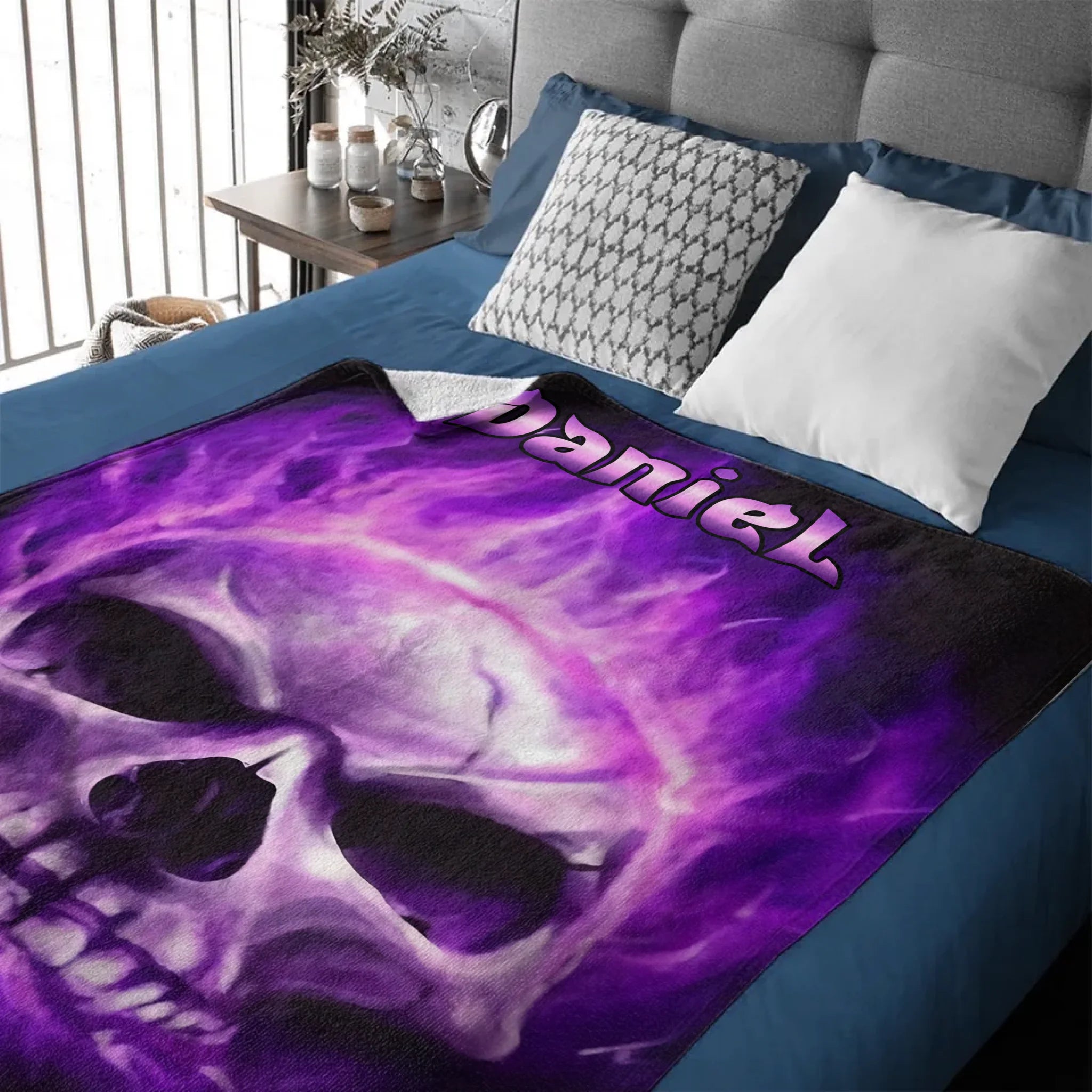 Custom Skull Purple Fire Blanket – Personalized Name Flannel Blanket - Home Decoration Gifts