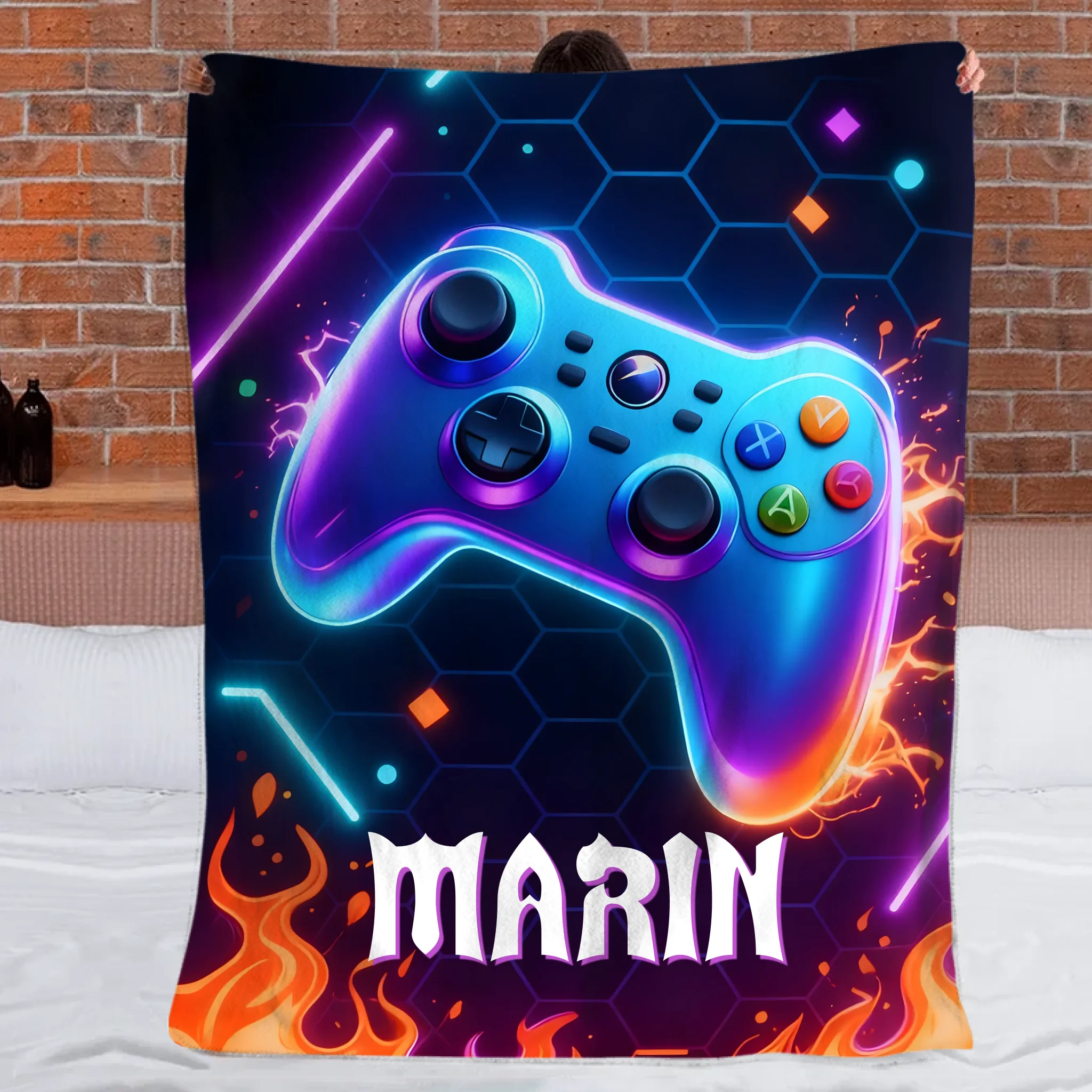 Custom Gaming Controller Blanket – Personalized Gamer Theme Throw – Gift for Kids & Teens