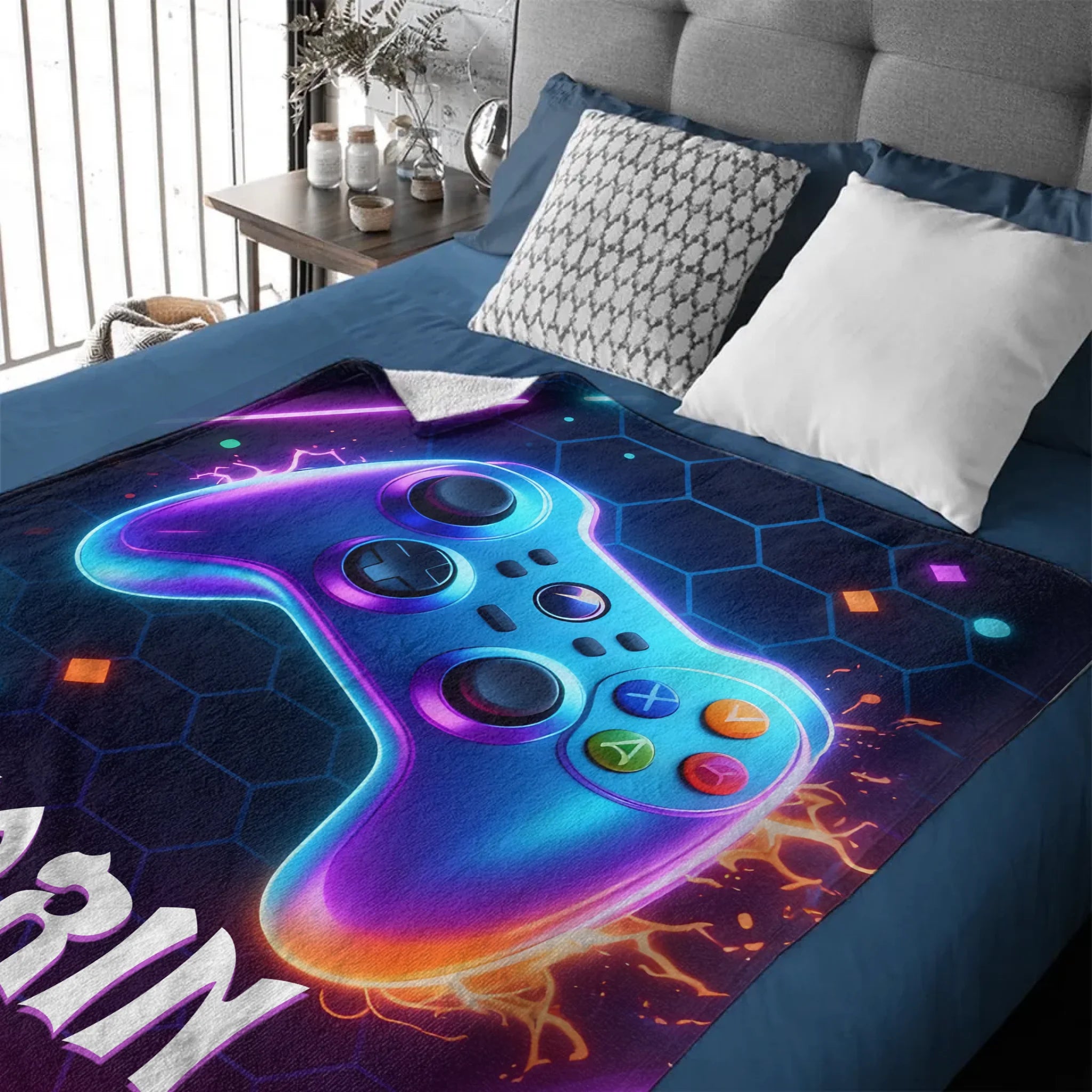 Custom Gaming Controller Blanket – Personalized Gamer Theme Throw – Gift for Kids & Teens