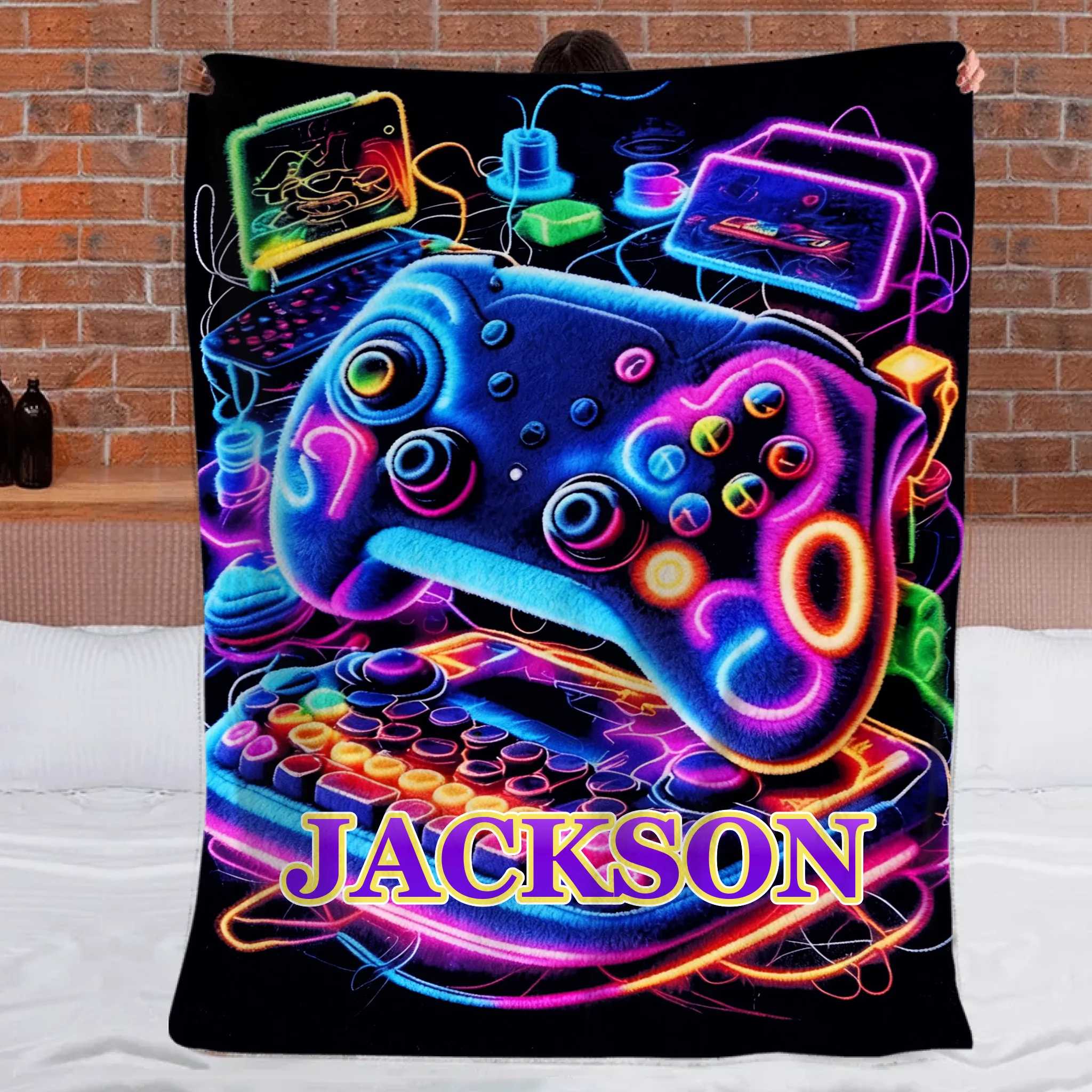 Neon Gaming Controller Custom Blanket - Personalized Name - Gifts for E-sports Player, Game Enthusiasts