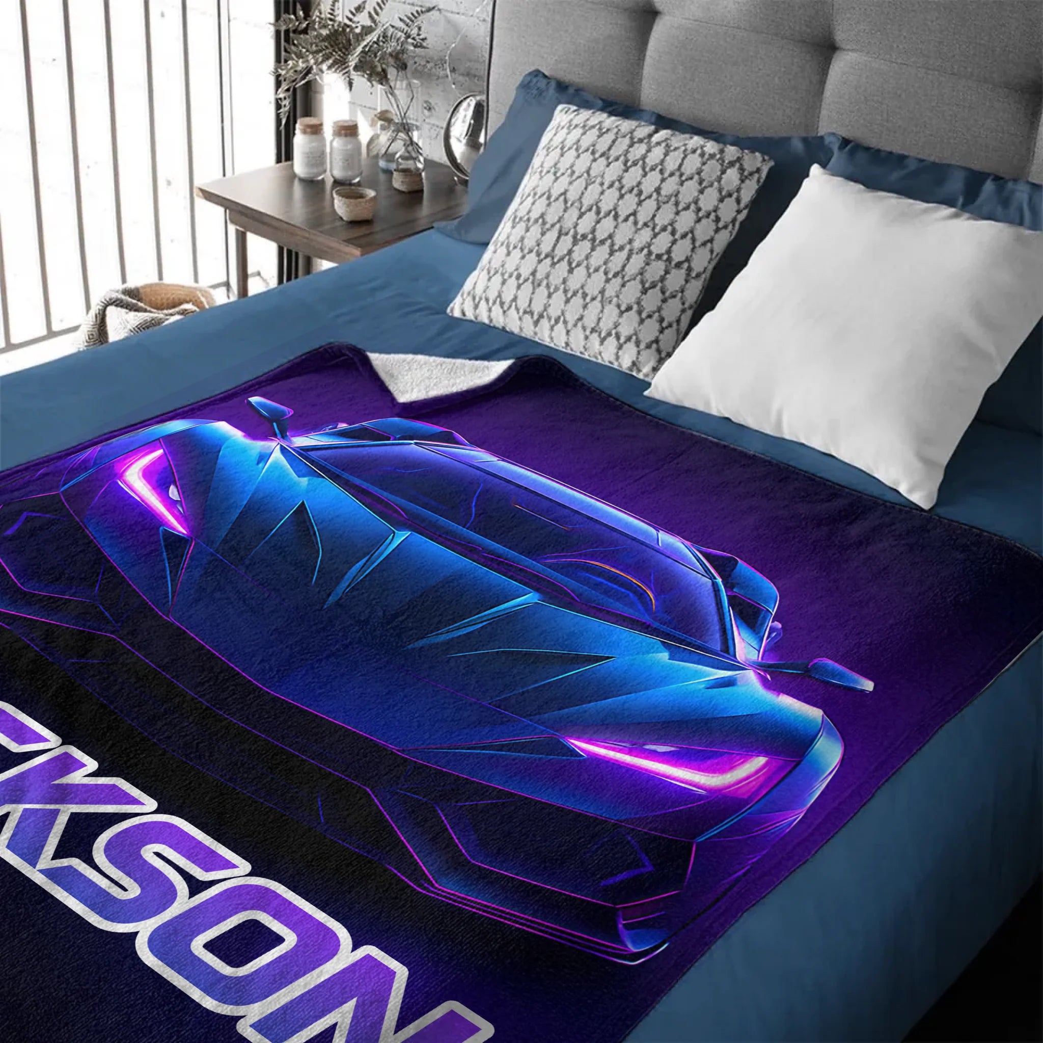 Neon Purple Car Customized Blanket - Personalized Name - Gifts For Racing, Car Lovers
