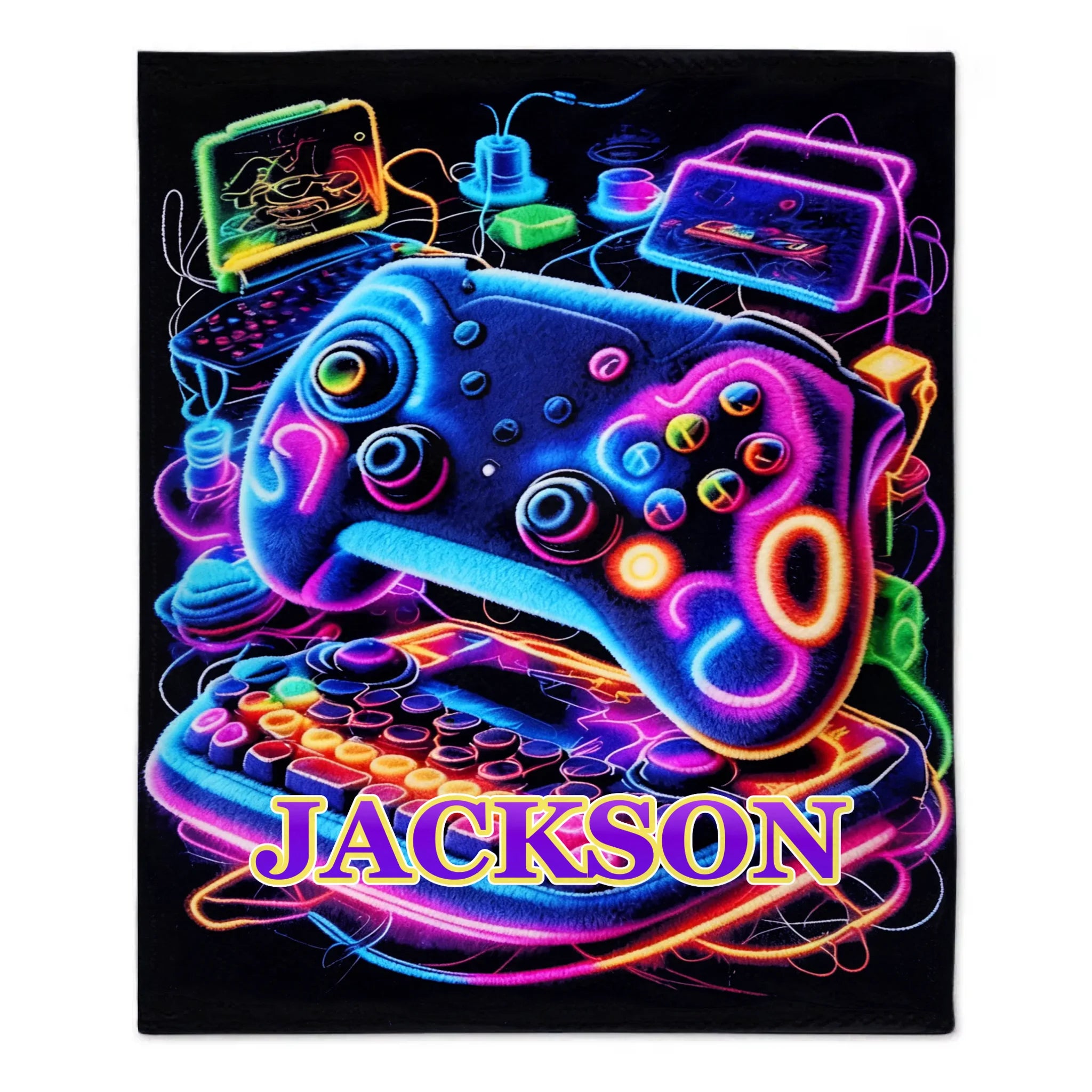 Neon Gaming Controller Custom Blanket - Personalized Name - Gifts for E-sports Player, Game Enthusiasts