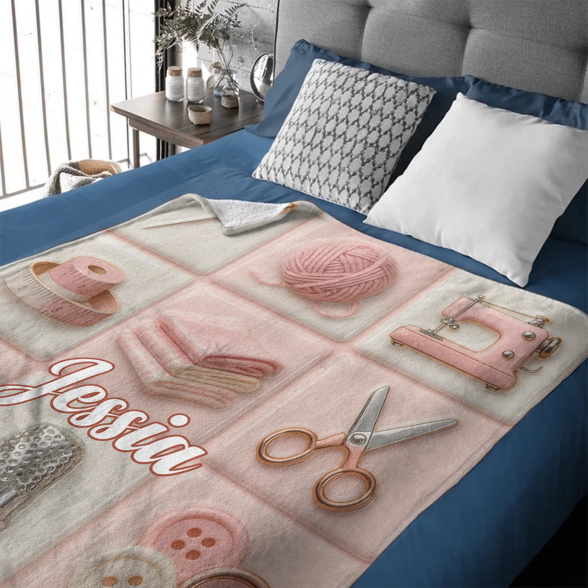 Love Sewing Pink Customized Blanket - Personalized Name - Gift For Her, Sewing Lovers