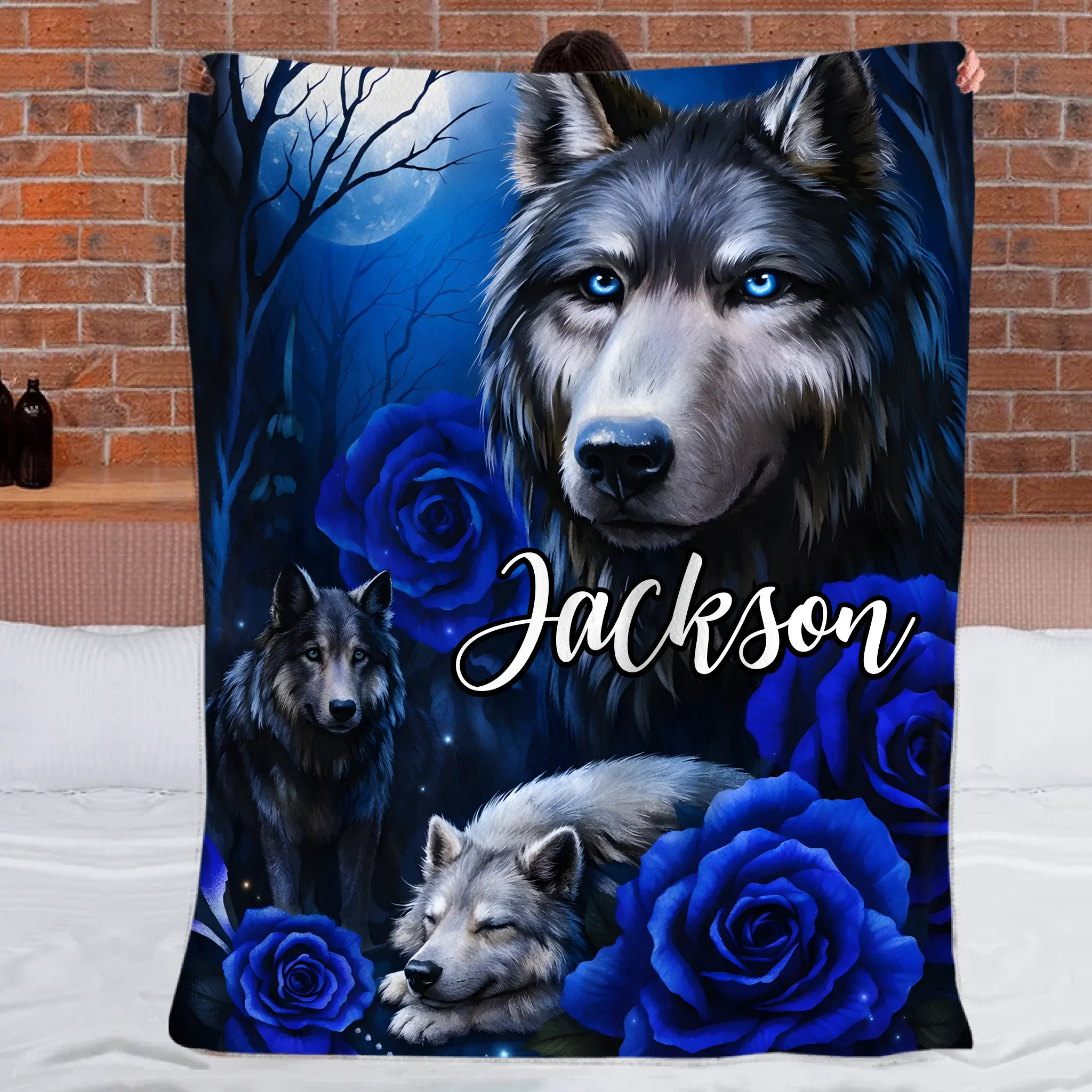 Dark Night Rose Flower Wolf Custom Blanket - Personalized Name - Gift For Friends, Wolf Lovers