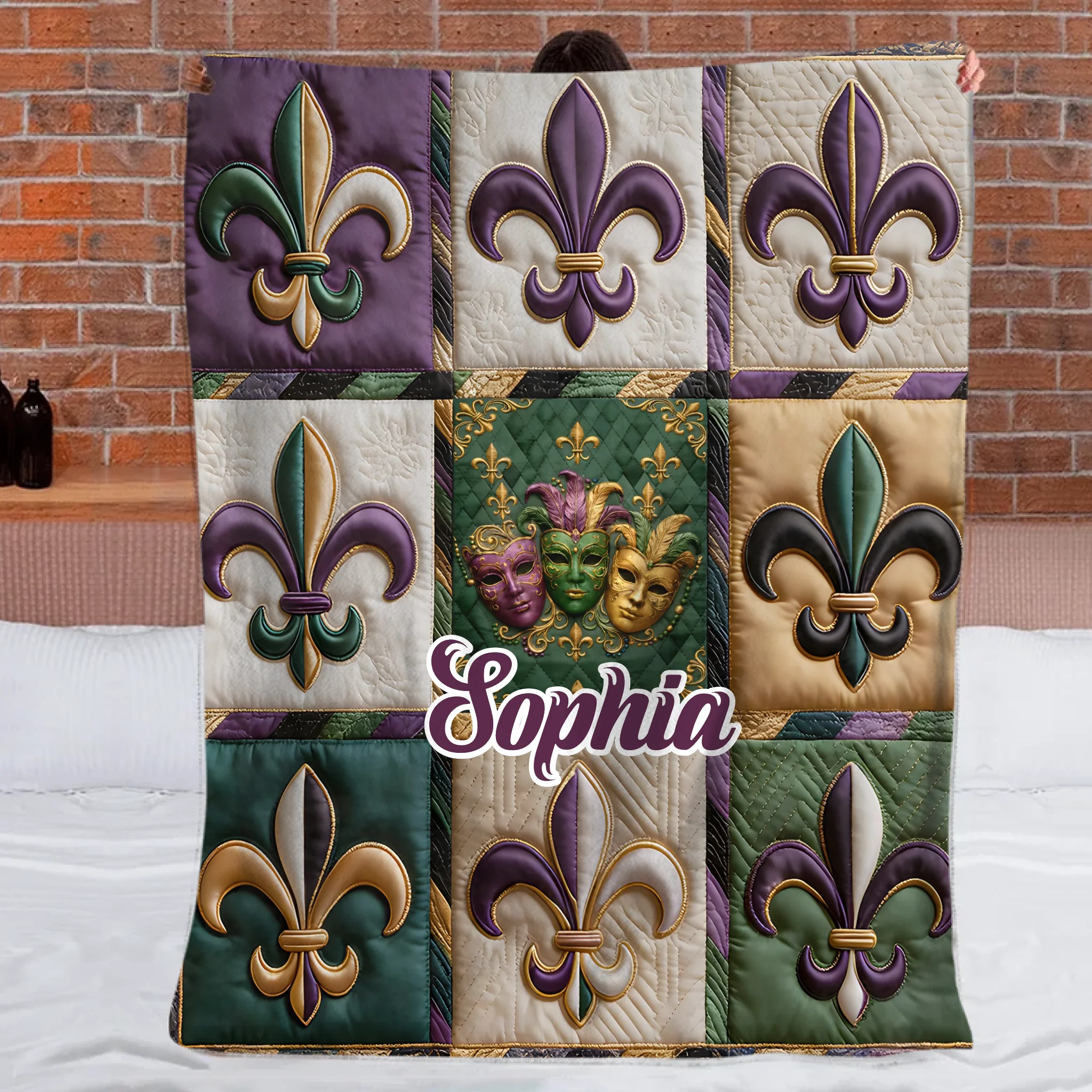 Fleur De Lis Mardi Gras Customized Blanket - Personalized Name - Holiday Gift for Friends