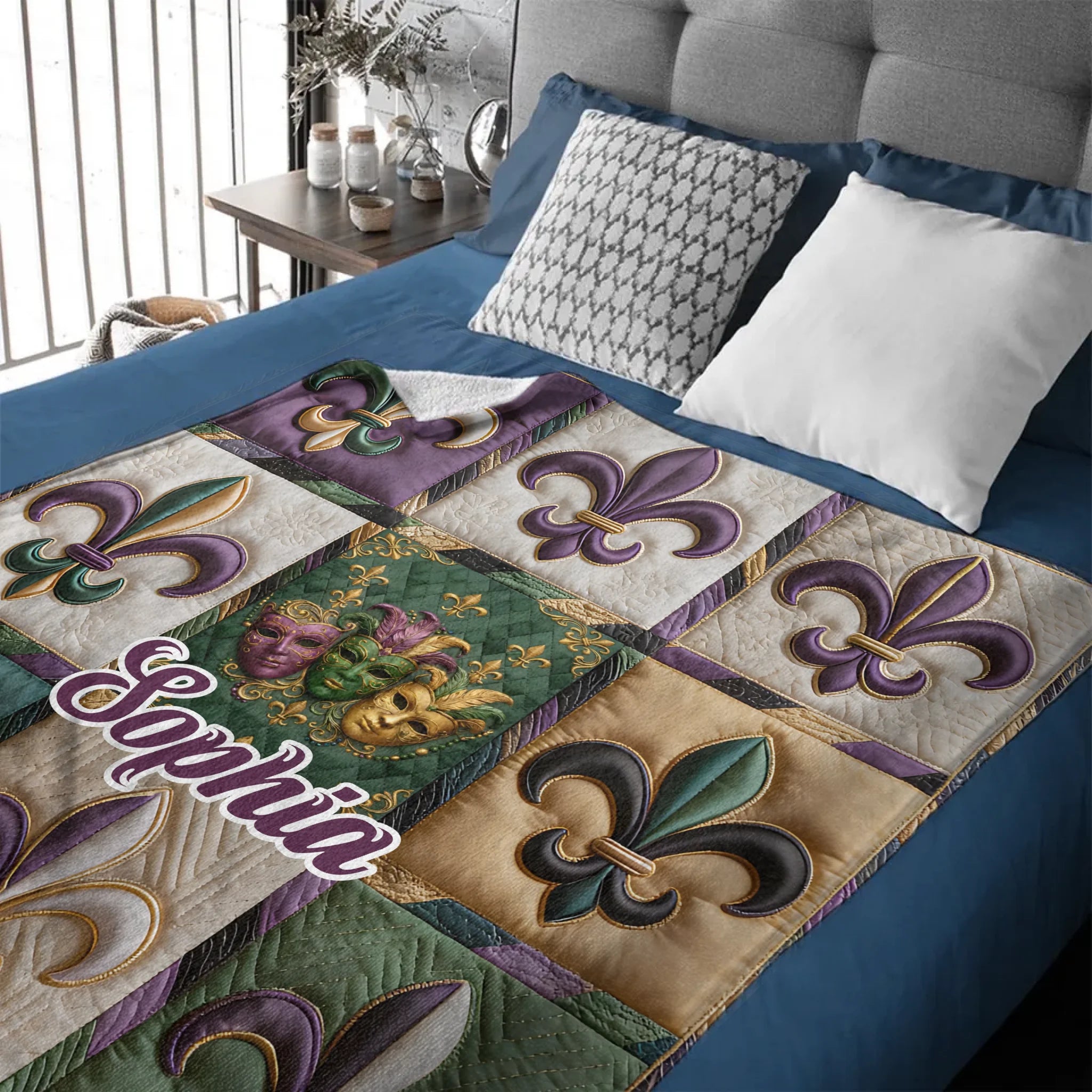 Fleur De Lis Mardi Gras Customized Blanket - Personalized Name - Holiday Gift for Friends