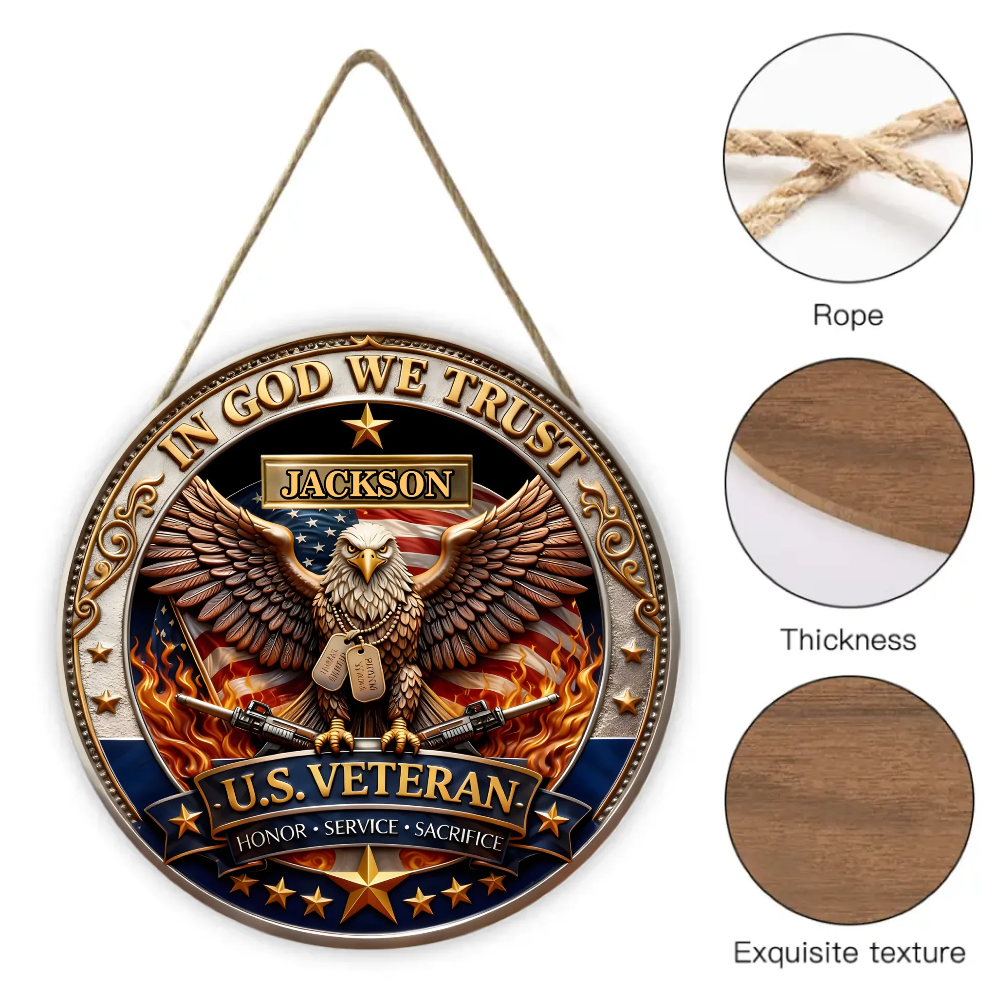 In God We Trust Customized Wooden Doorplates - Personalized Name U.S. Veteran Door Sign - Home Decoration Gifts
