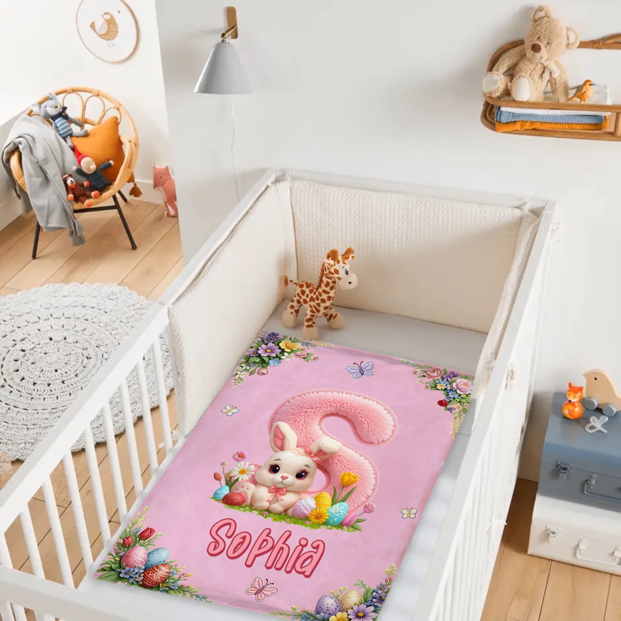Customized Chenille Bunny Alphabet Letter Blanket – Personalized Name And Initial Letter – Gift For Kids & Toddlers