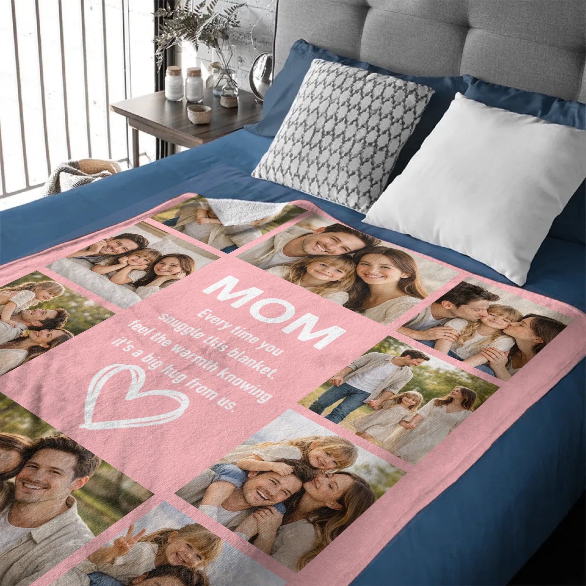 Customized Family Photos Flower Heart Soft Throw Blanket – Personalized Photos And Nickname – Home Decor Gift For Family