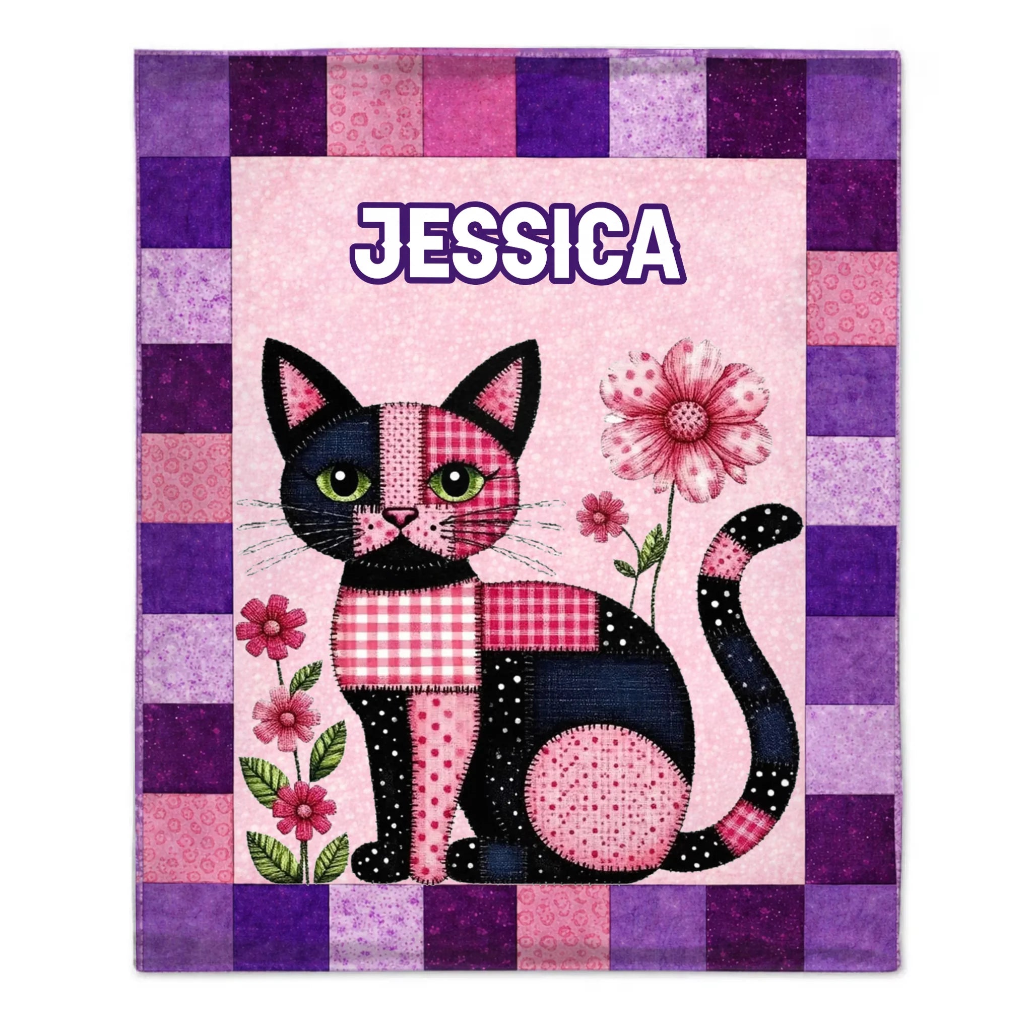 Custom Patchwork Cat Floral Blanket - Personalized Name Cute Quilted Cat Design - Gift for Cat Lovers, Daughter, Granddaughter, Friends