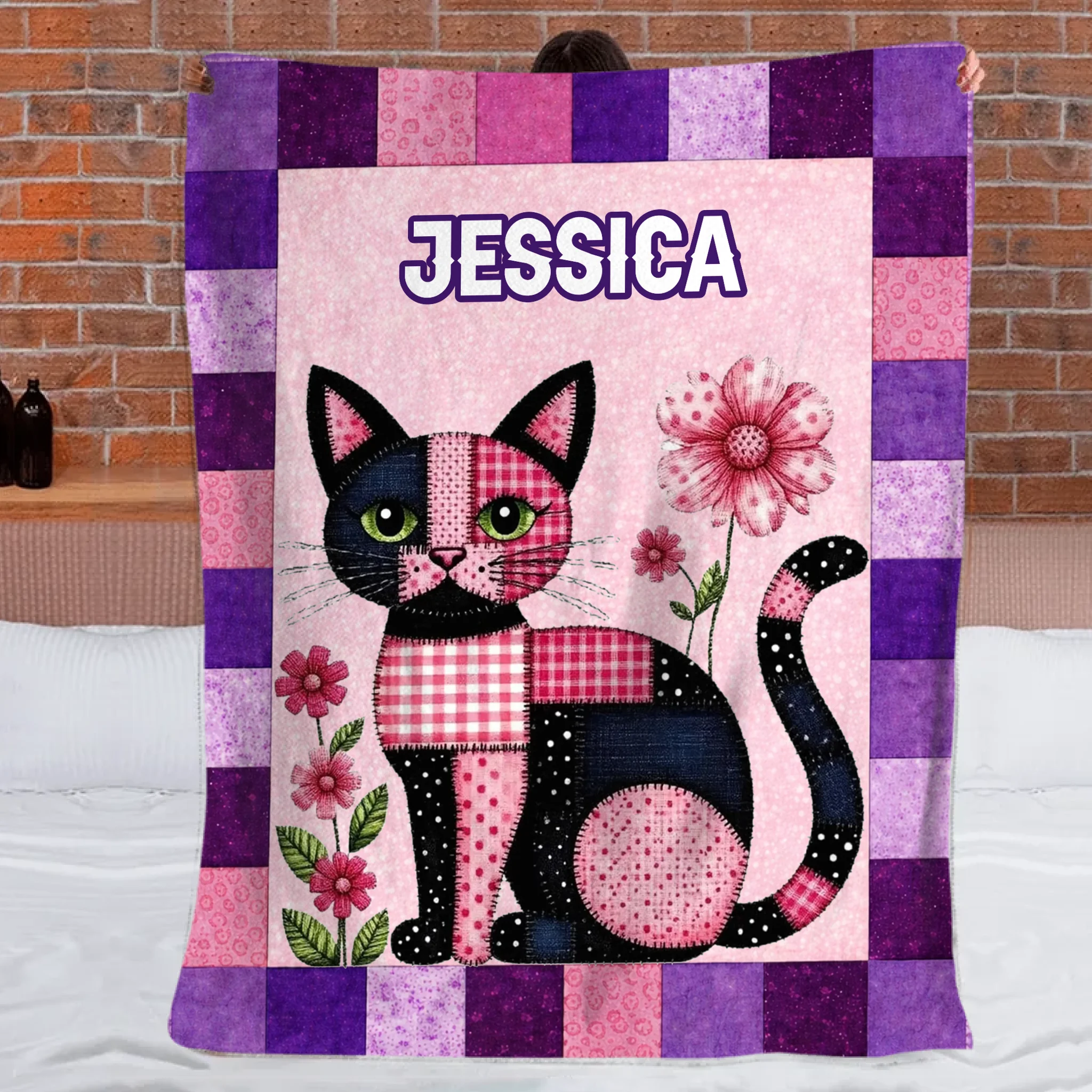 Custom Patchwork Cat Floral Blanket - Personalized Name Cute Quilted Cat Design - Gift for Cat Lovers, Daughter, Granddaughter, Friends