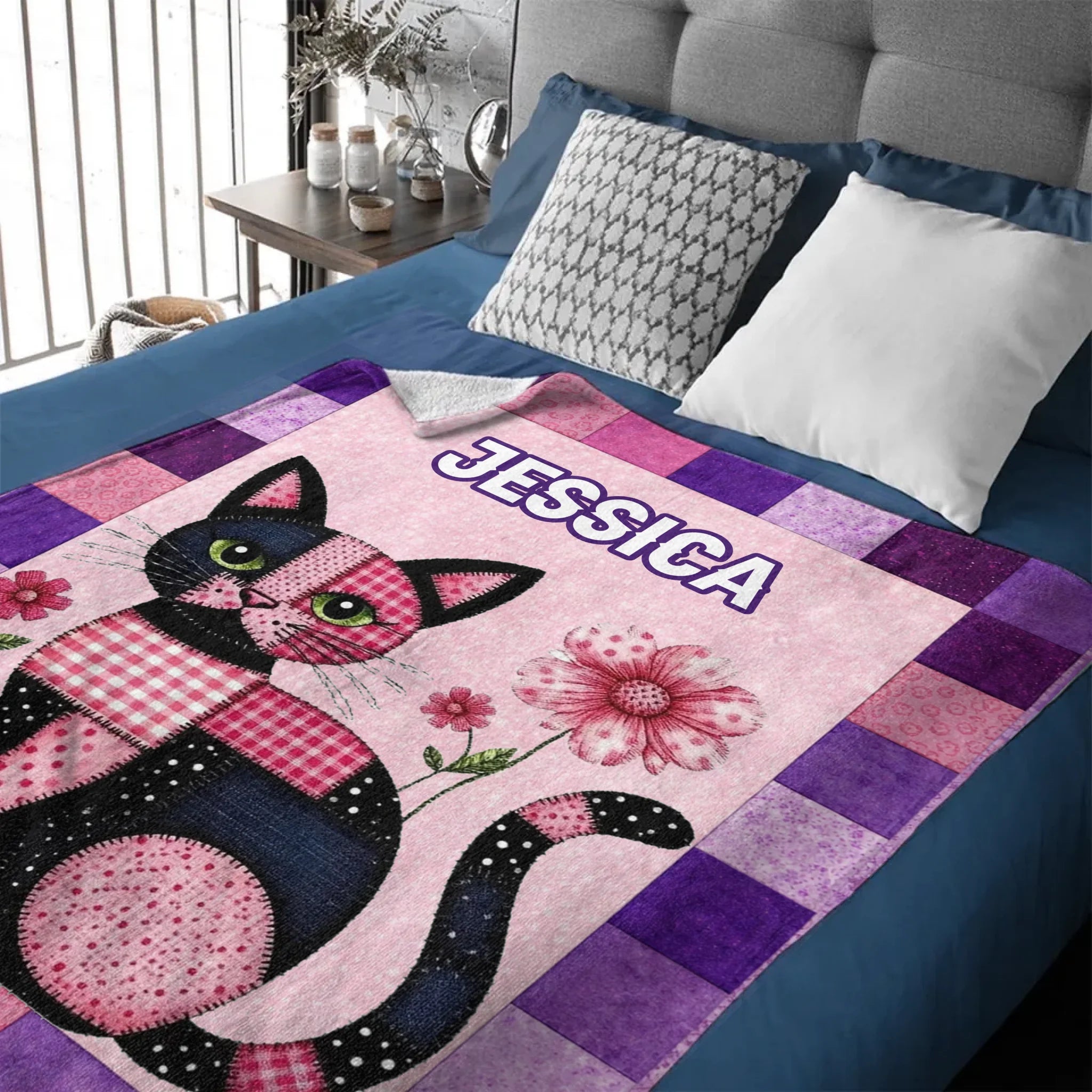 Custom Patchwork Cat Floral Blanket - Personalized Name Cute Quilted Cat Design - Gift for Cat Lovers, Daughter, Granddaughter, Friends