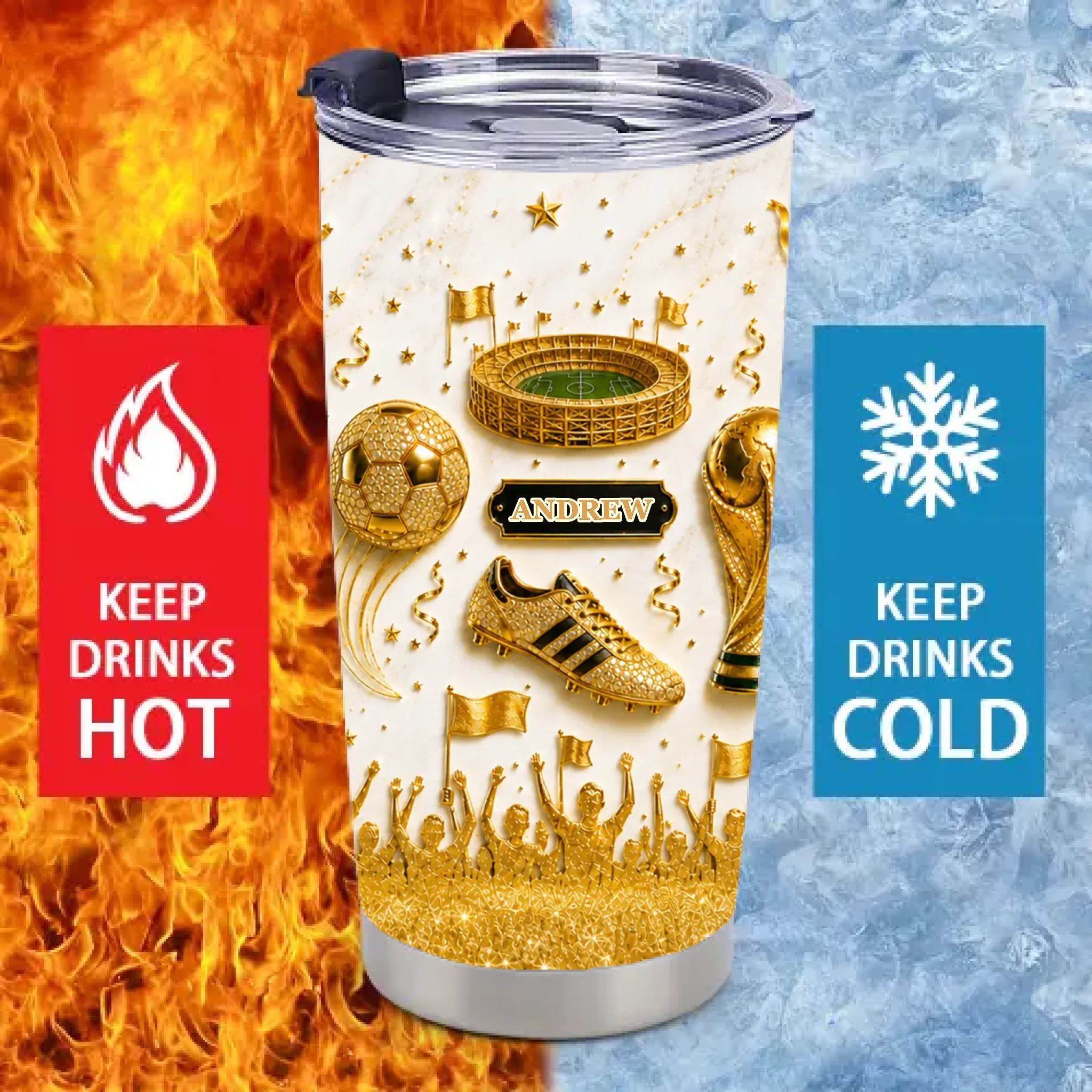 Custom Soccer Champion Thermos Cup - Personalized Name Football Fan Thermos Cup - Gift For Soccer Lovers, Players And Fans