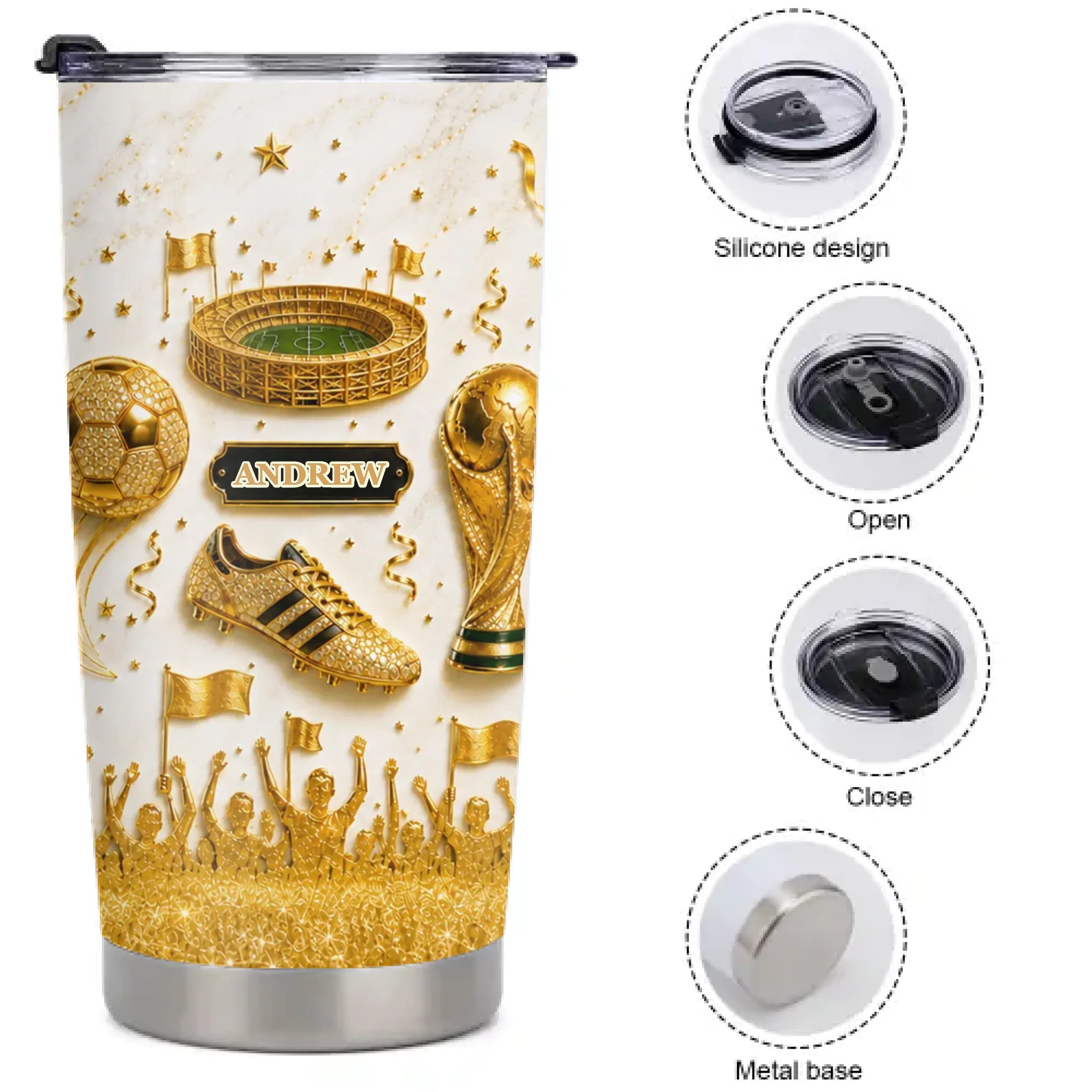 Custom Soccer Champion Thermos Cup - Personalized Name Football Fan Thermos Cup - Gift For Soccer Lovers, Players And Fans