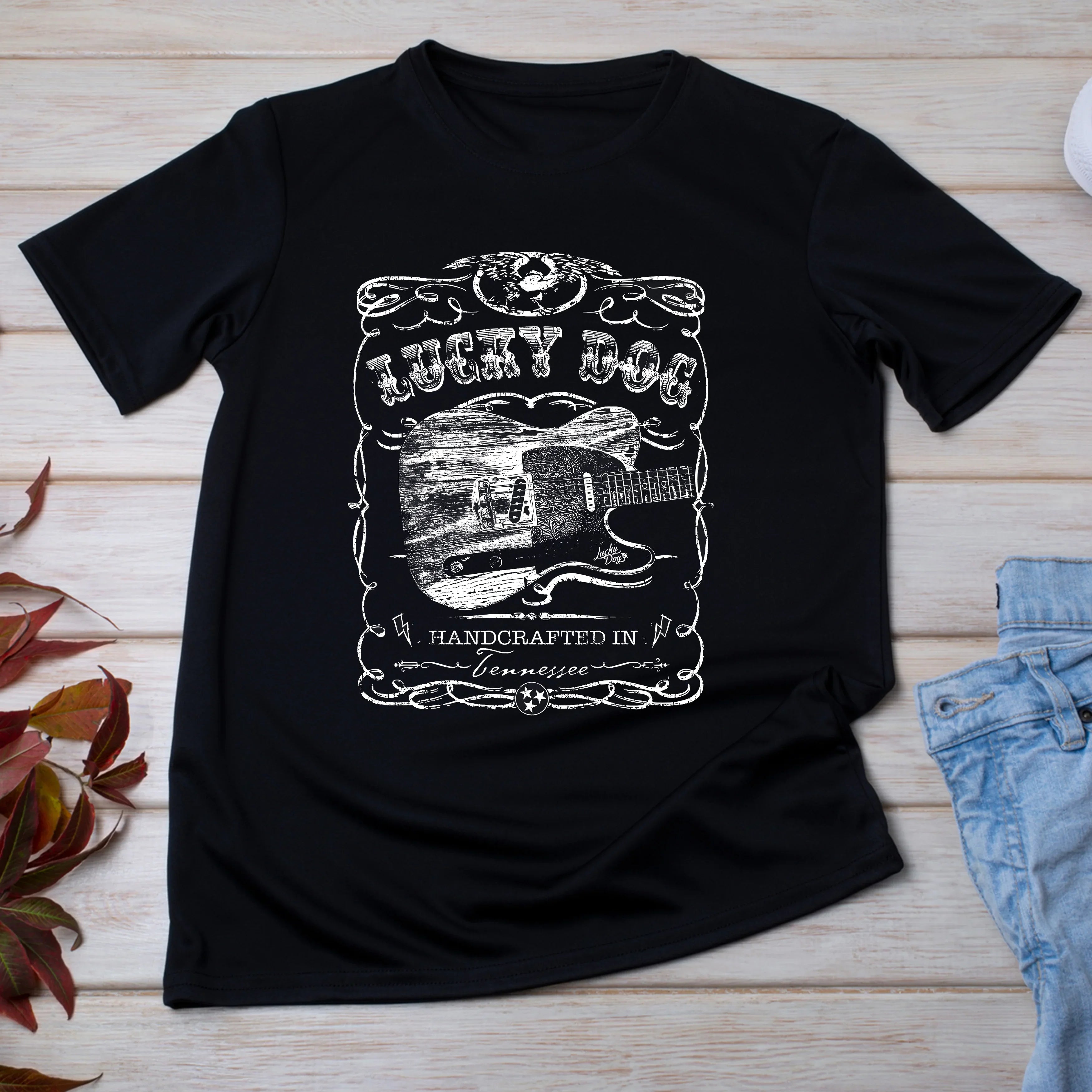 Lucky Dog Custom Guitar Eagle Label Black T-Shirt