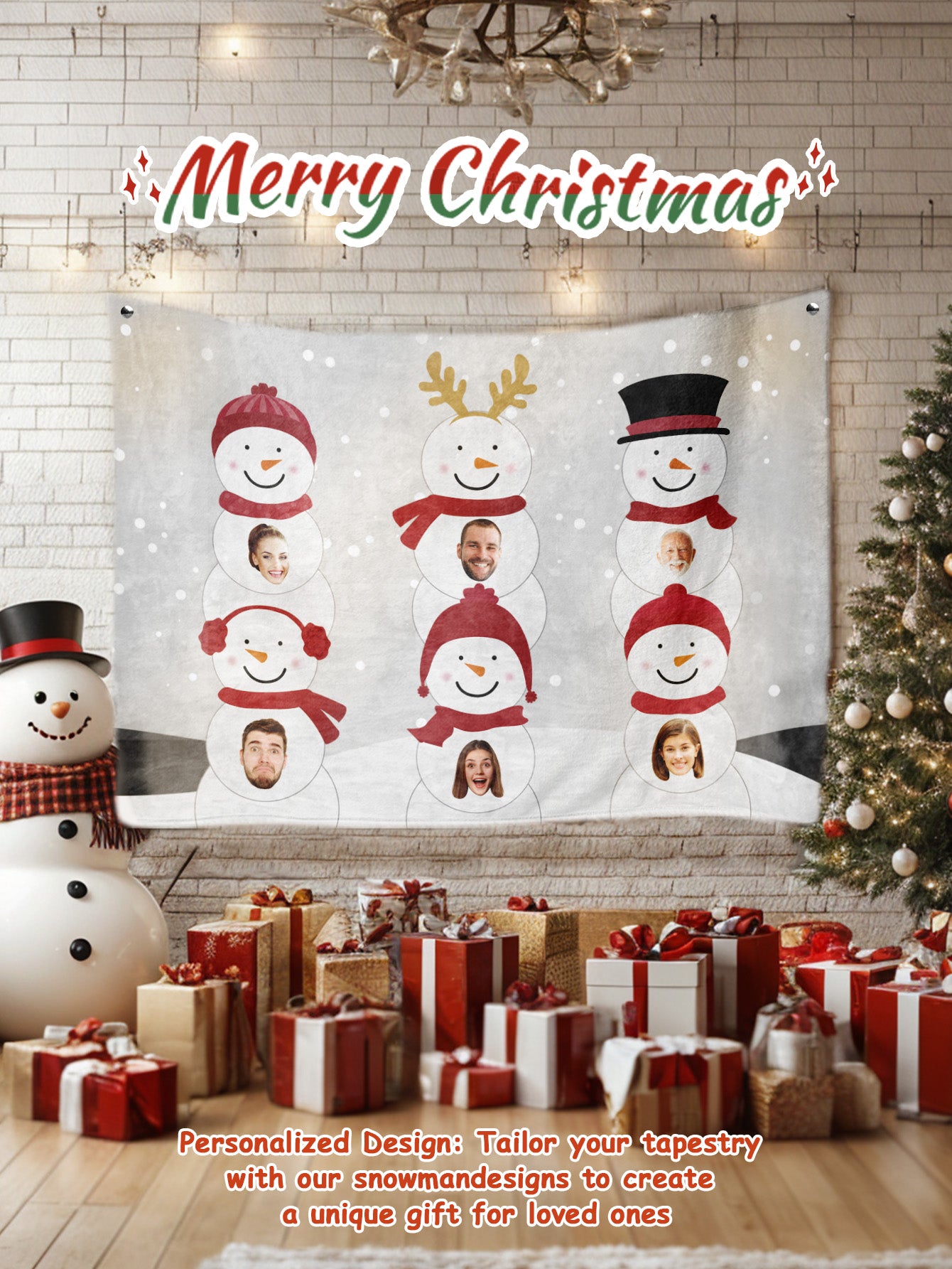 Custom Photo Tapestry – Personalized Faces Snowman Wall Hanging Blanket for Home Decor Christmas Gift