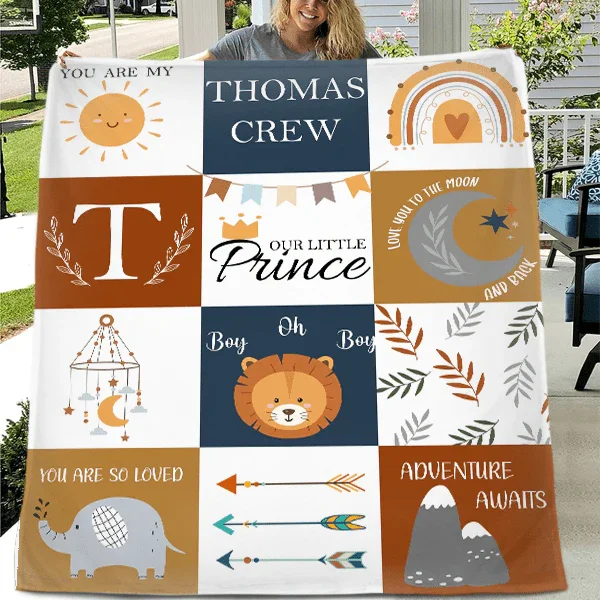 Baby Boy Blanket Personalized, Boho Wild Animal Boy Nursery Arrow Blanket - Joliny