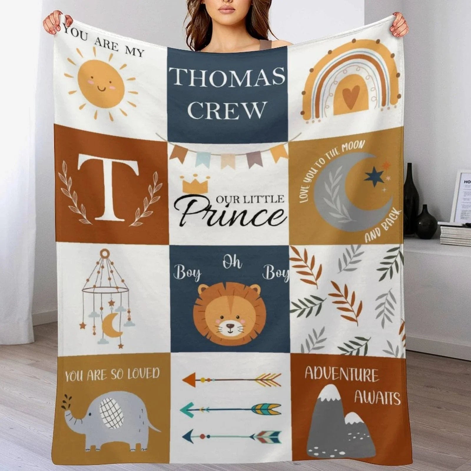 Baby Boy Blanket Personalized, Boho Wild Animal Boy Nursery Arrow Blanket - Joliny