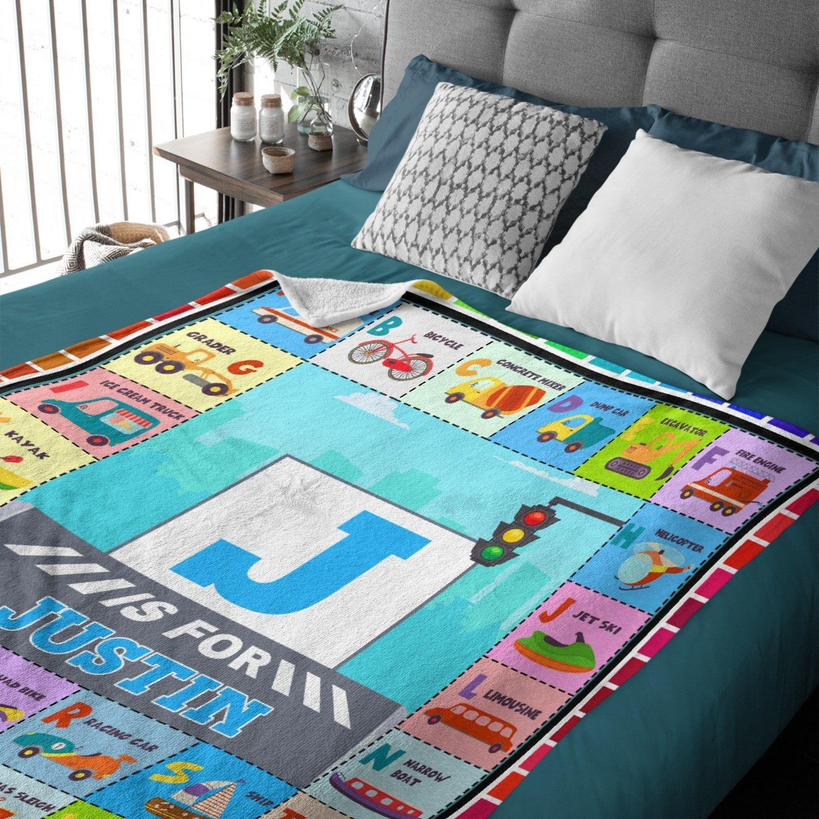 Custom Name Blankets with Transportation Alphabet Design - Joliny