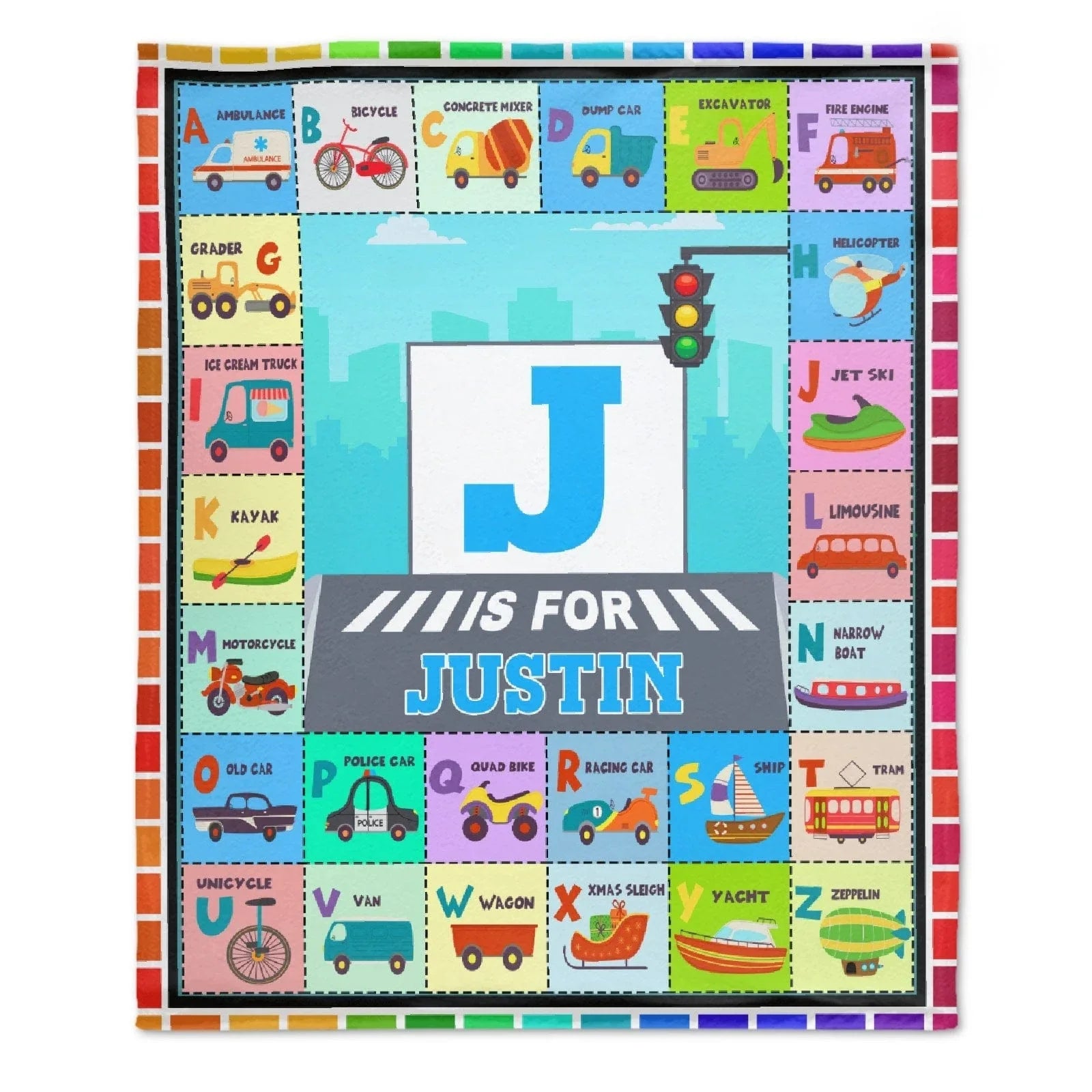 Custom Name Blankets with Transportation Alphabet Design - Joliny