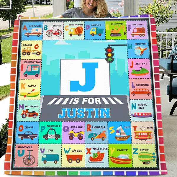 Custom Name Blankets with Transportation Alphabet Design - Joliny