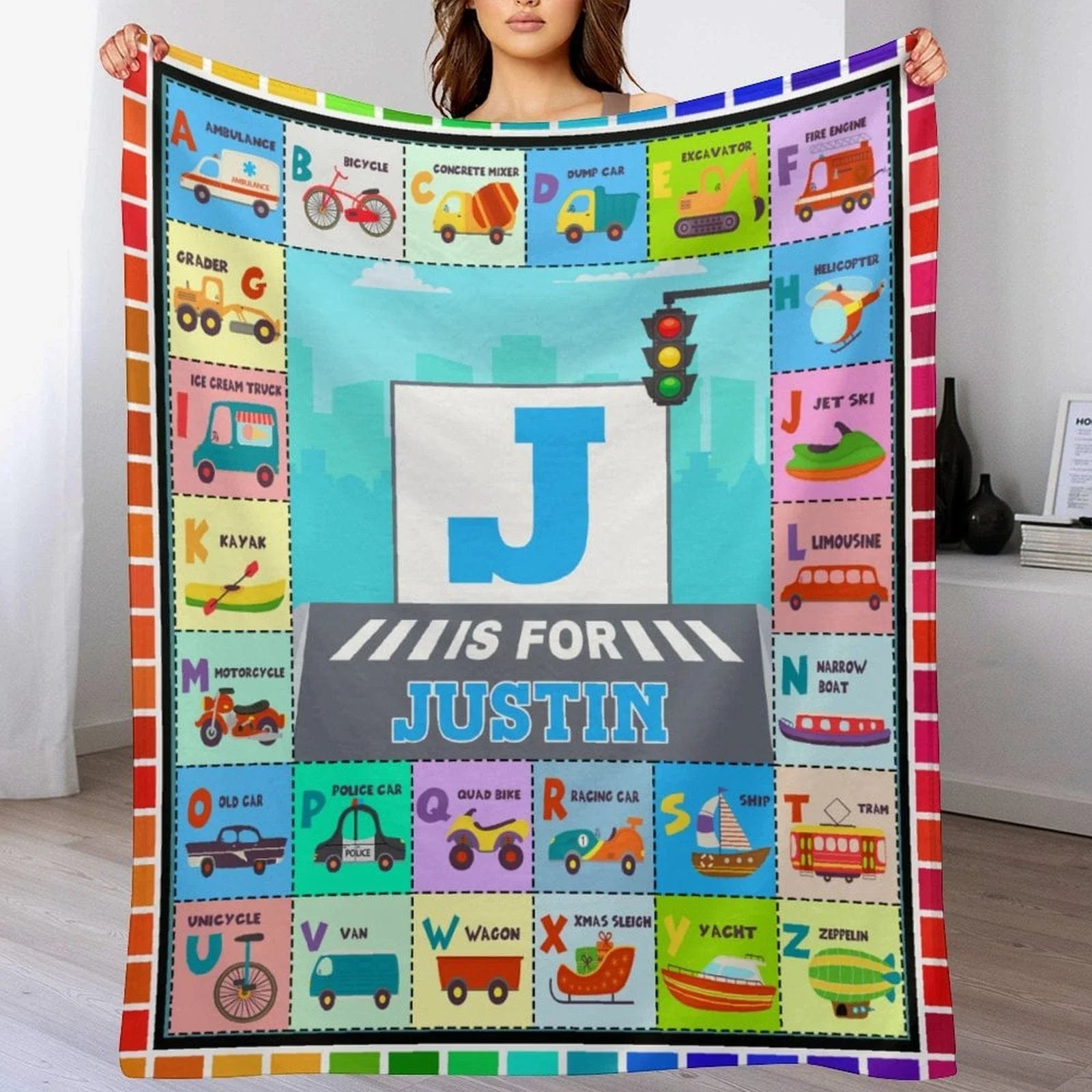 Custom Name Blankets with Transportation Alphabet Design - Joliny