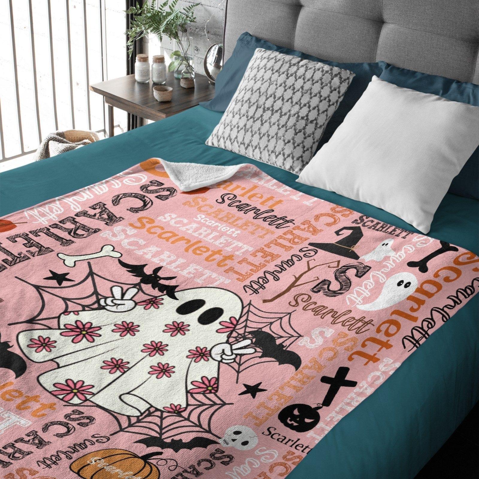 Cute Pink Ghost - Halloween Name Custom Personalized Decorative Blanket - Gift for Girls and Boys - Joliny