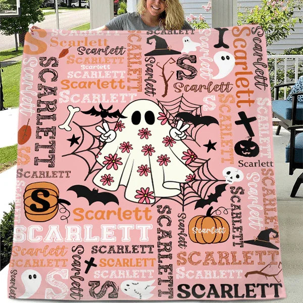 Cute Pink Ghost - Halloween Name Custom Personalized Decorative Blanket - Gift for Girls and Boys - Joliny