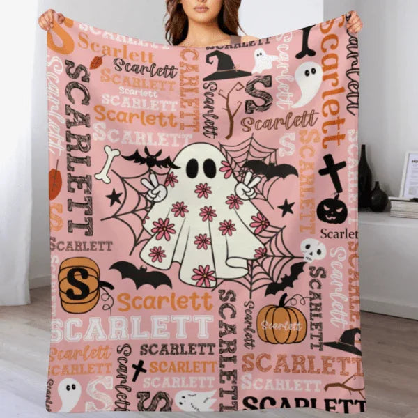 Cute Pink Ghost - Halloween Name Custom Personalized Decorative Blanket - Gift for Girls and Boys - Joliny