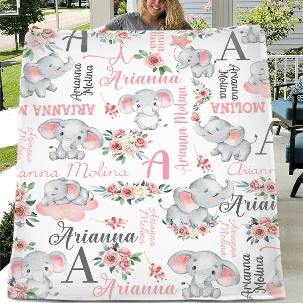 Floral Cute Elephant Personalized Customized Girl Blanket Birthday Gift Newborn Party Gift For Baby Kids Family - Joliny