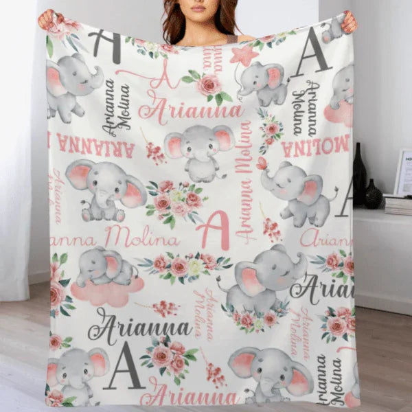 Floral Cute Elephant Personalized Customized Girl Blanket Birthday Gift Newborn Party Gift For Baby Kids Family - Joliny