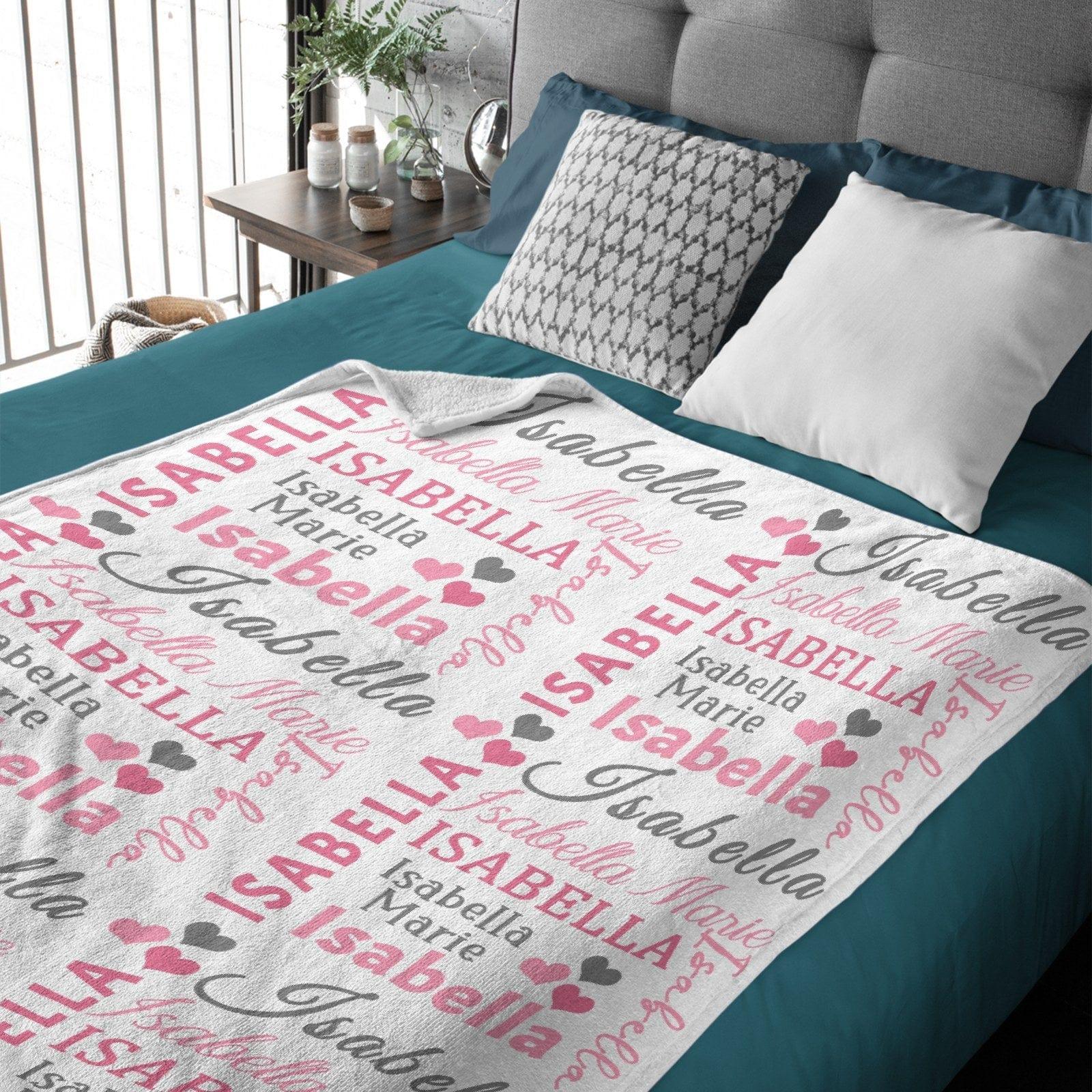 Hearts Name Blanket In Pink And Gray for Baby Girl - Joliny